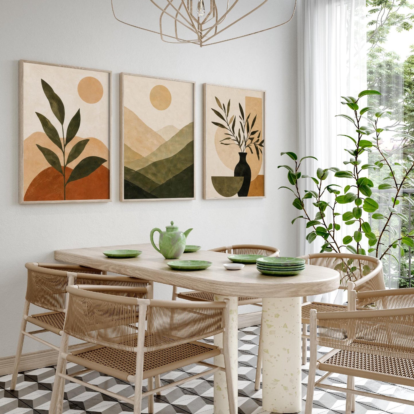 Boho Botanical Mountain & Sun Set of Three Art Print - Terracotta Sage Wall Art - Plant Vase Painting, Earthy Poster V1