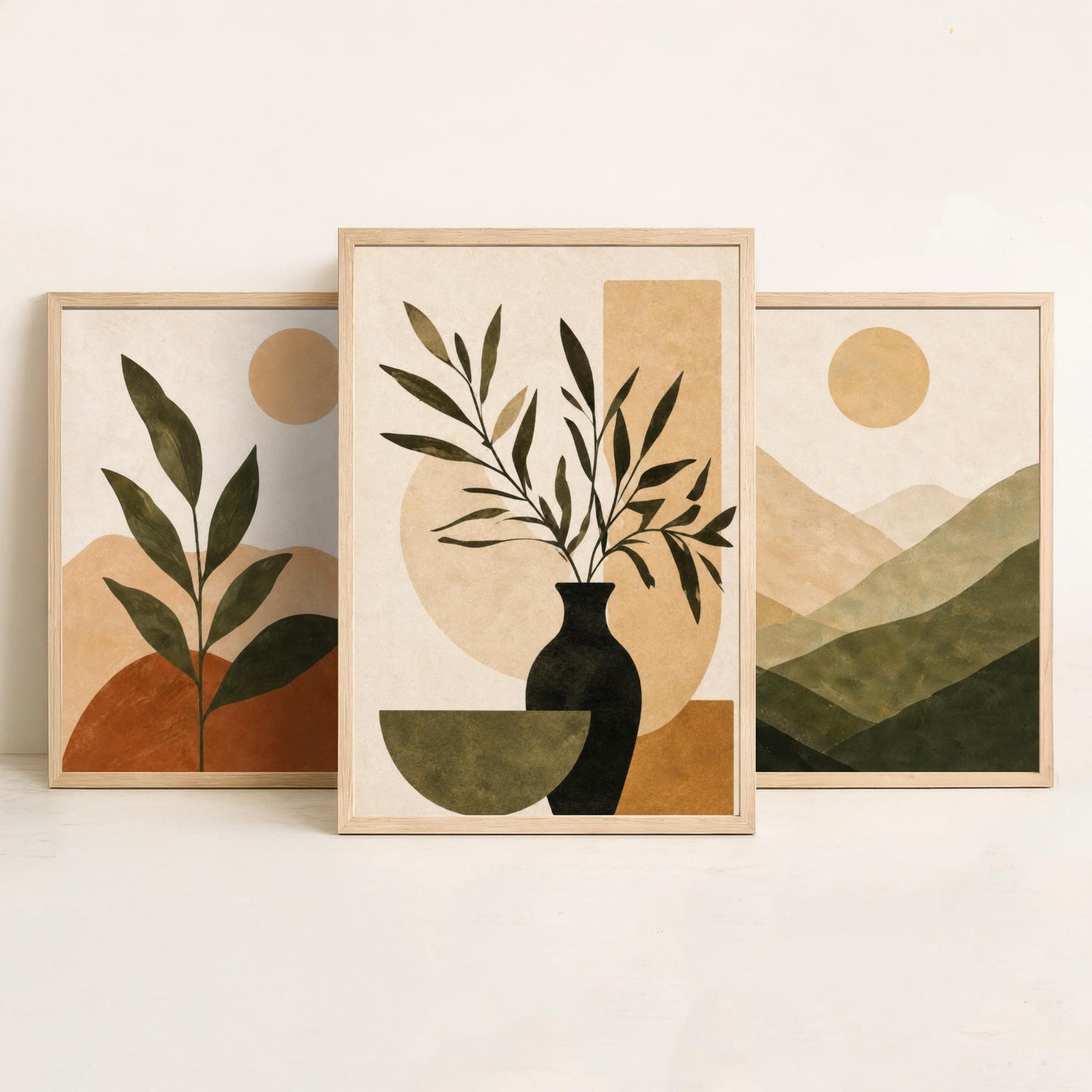 Boho Botanical Mountain & Sun Set of Three Art Print - Terracotta Sage Wall Art - Plant Vase Painting, Earthy Poster V1