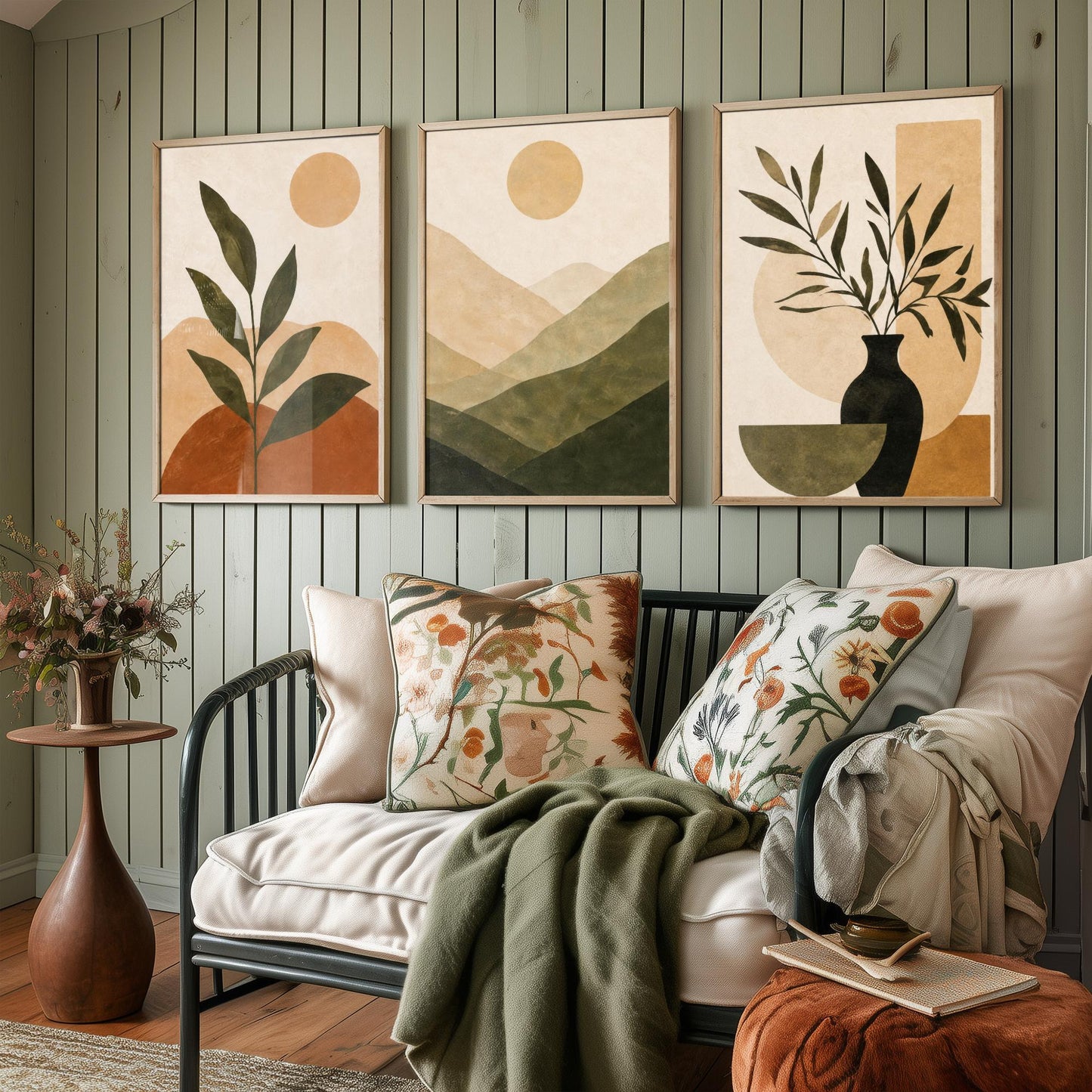 Boho Botanical Arch & Vase Triptych - Set of Three Botanical Art Prints - Neutral Bohemian Wall Art for Living Room Bedroom