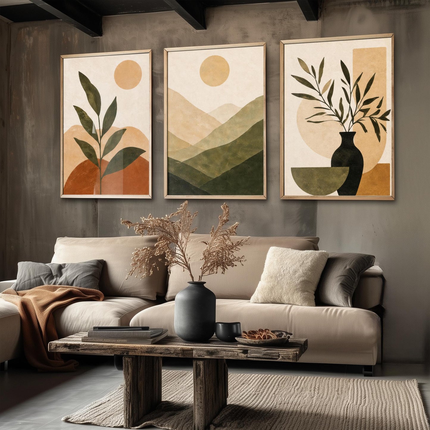 Boho Botanical Arch & Vase Triptych - Set of Three Botanical Art Prints - Neutral Bohemian Wall Art for Living Room Bedroom