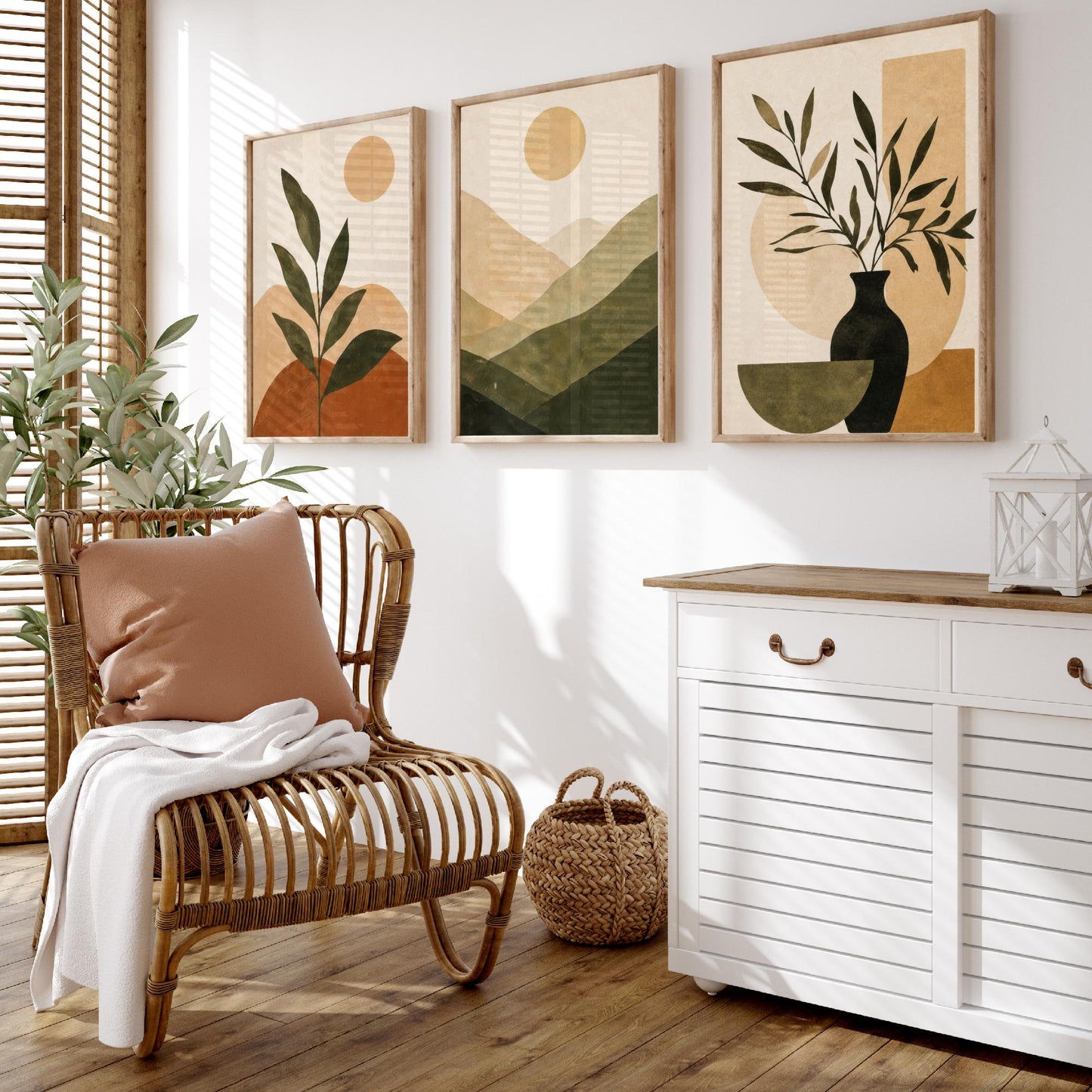 Boho Botanical Mountain & Sun Set of Three Art Print - Terracotta Sage Wall Art - Plant Vase Painting, Earthy Poster V1
