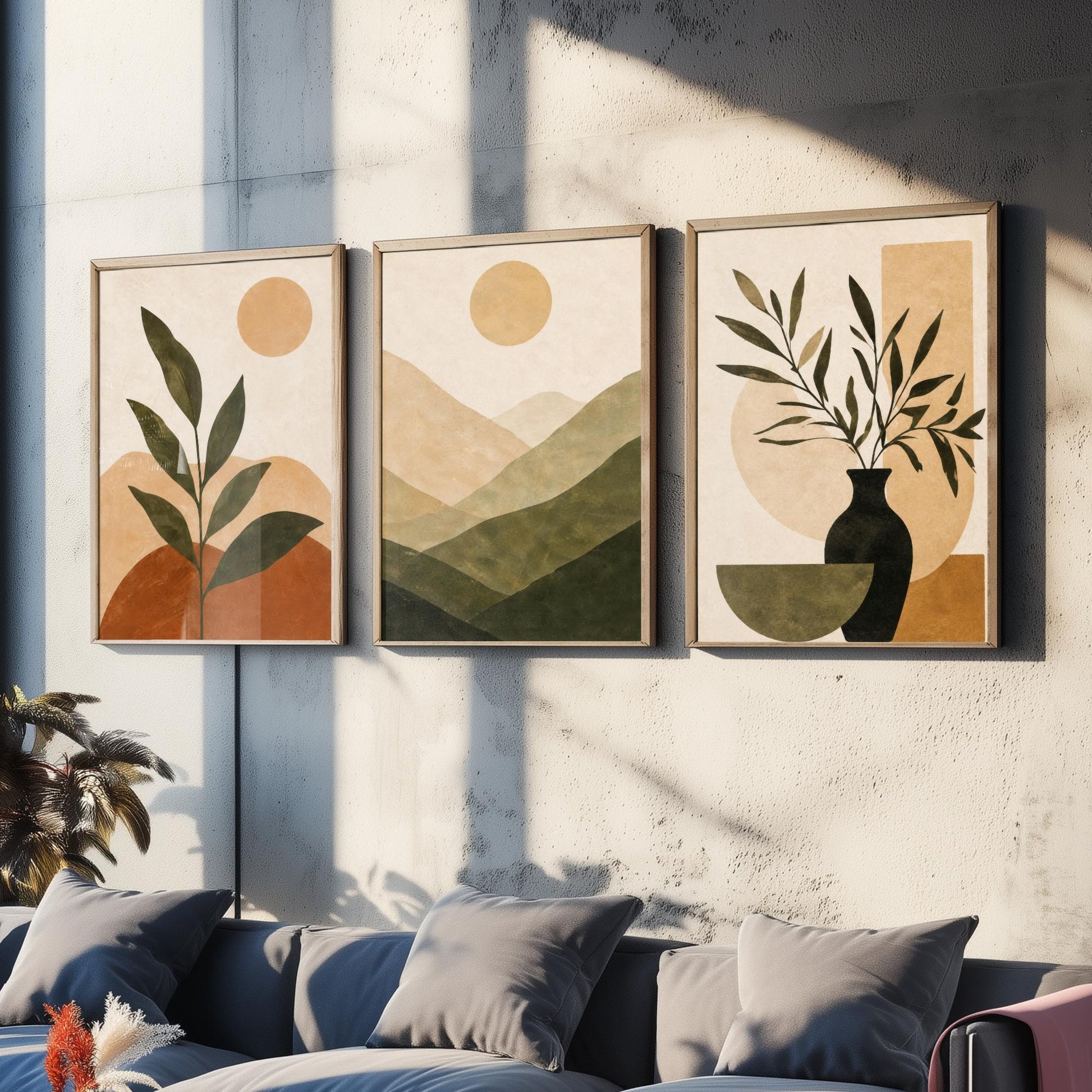 Boho Botanical Mountain & Sun Set of Three Art Print - Terracotta Sage Wall Art - Plant Vase Painting, Earthy Poster V1
