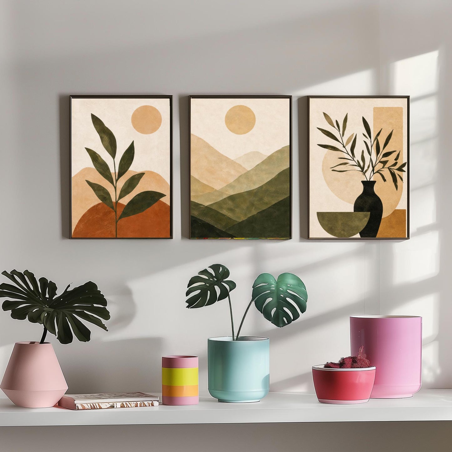 Boho Botanical Arch & Vase Triptych - Set of Three Botanical Art Prints - Neutral Bohemian Wall Art for Living Room Bedroom