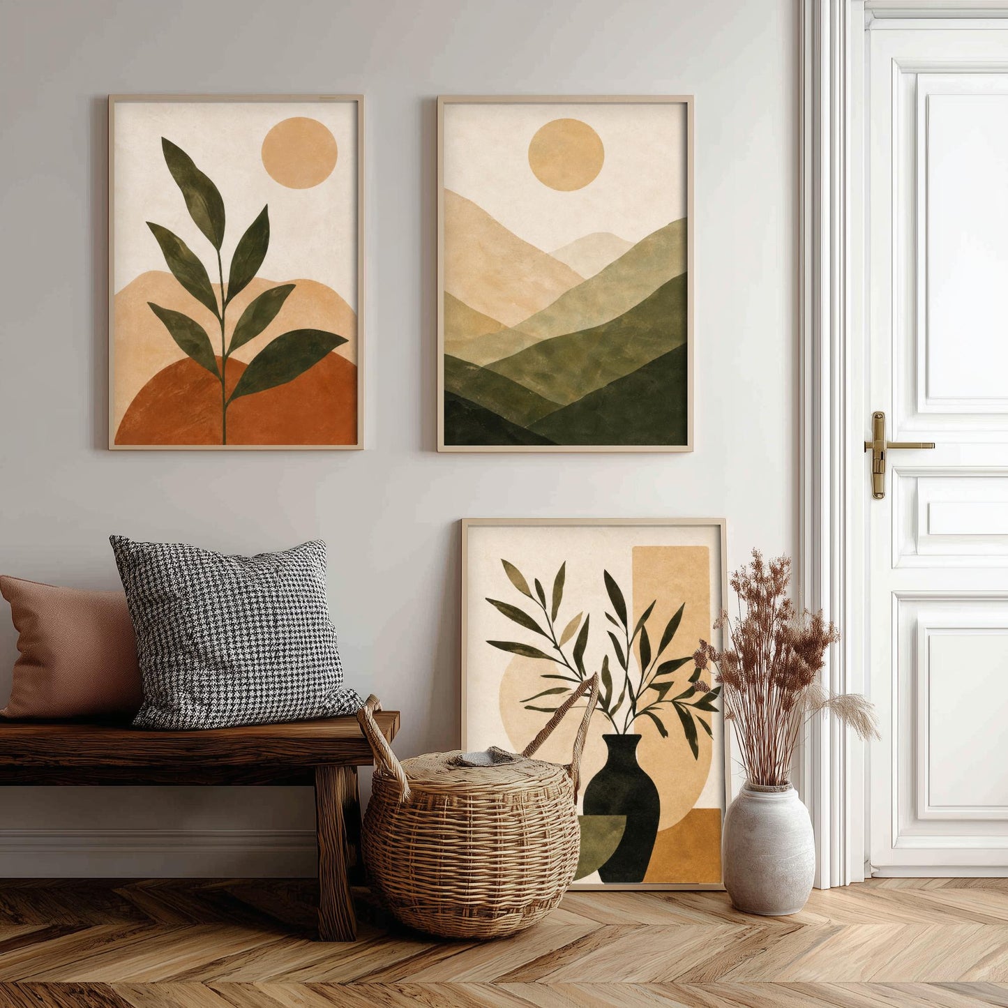Boho Botanical Arch & Vase Triptych - Set of Three Botanical Art Prints - Neutral Bohemian Wall Art for Living Room Bedroom