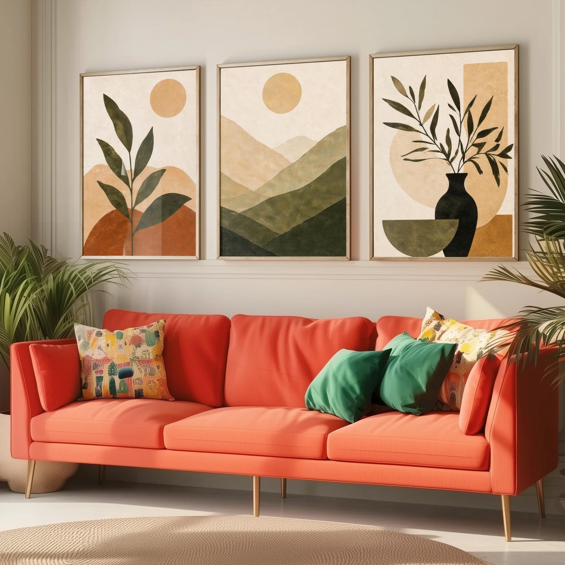 Boho Botanical Mountain & Sun Set of Three Art Print - Terracotta Sage Wall Art - Plant Vase Painting, Earthy Poster V1