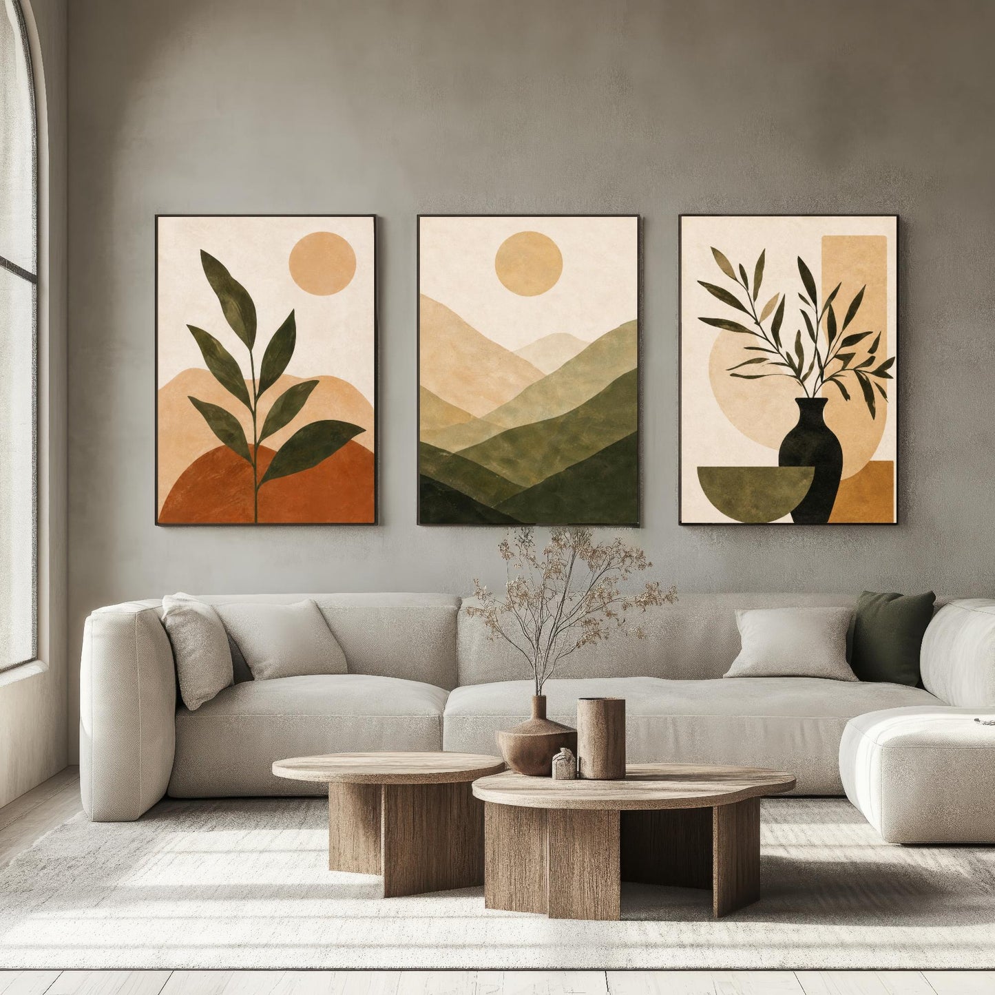 Boho Botanical Arch & Vase Triptych - Set of Three Botanical Art Prints - Neutral Bohemian Wall Art for Living Room Bedroom