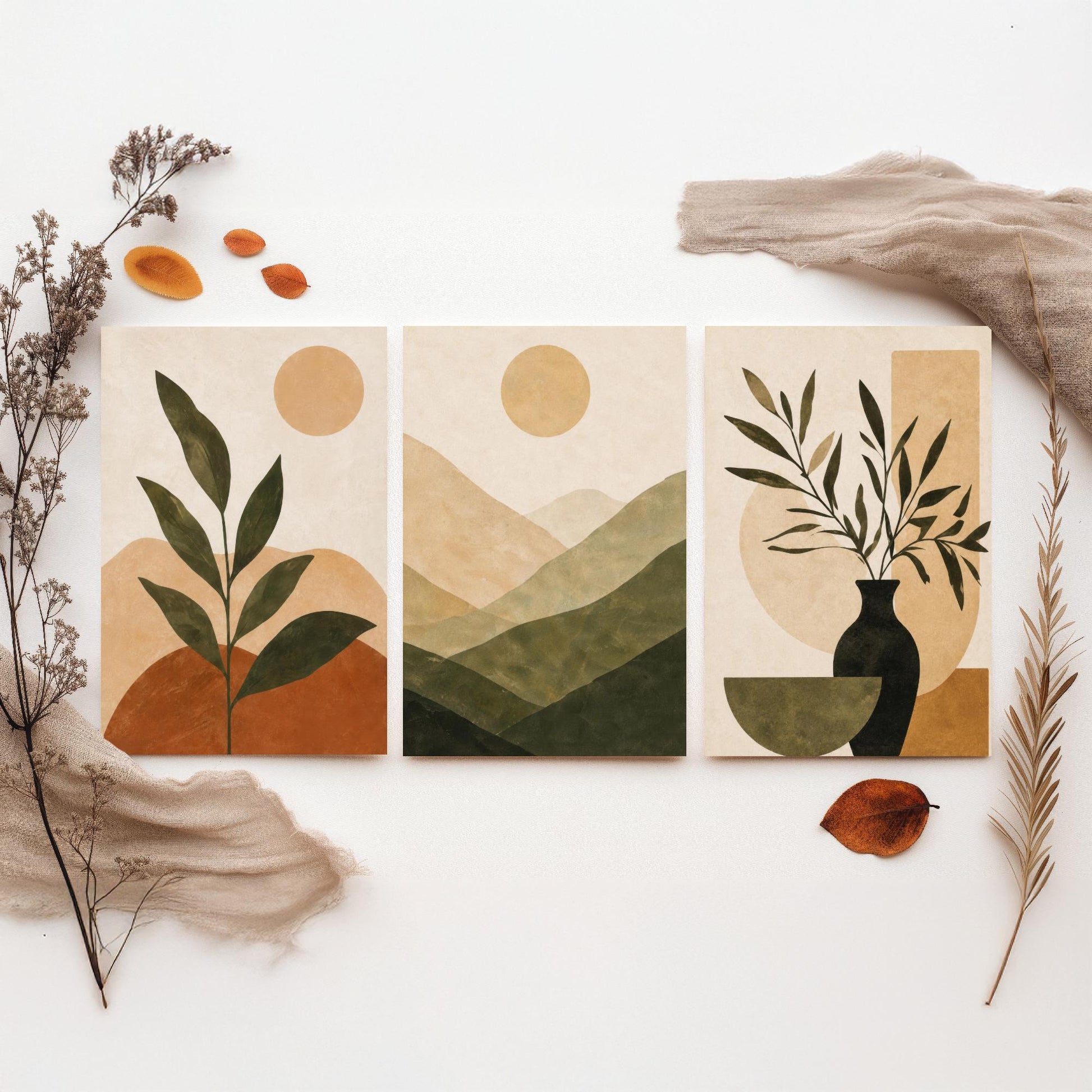 Boho Botanical Mountain & Sun Set of Three Art Print - Terracotta Sage Wall Art - Plant Vase Painting, Earthy Poster V1