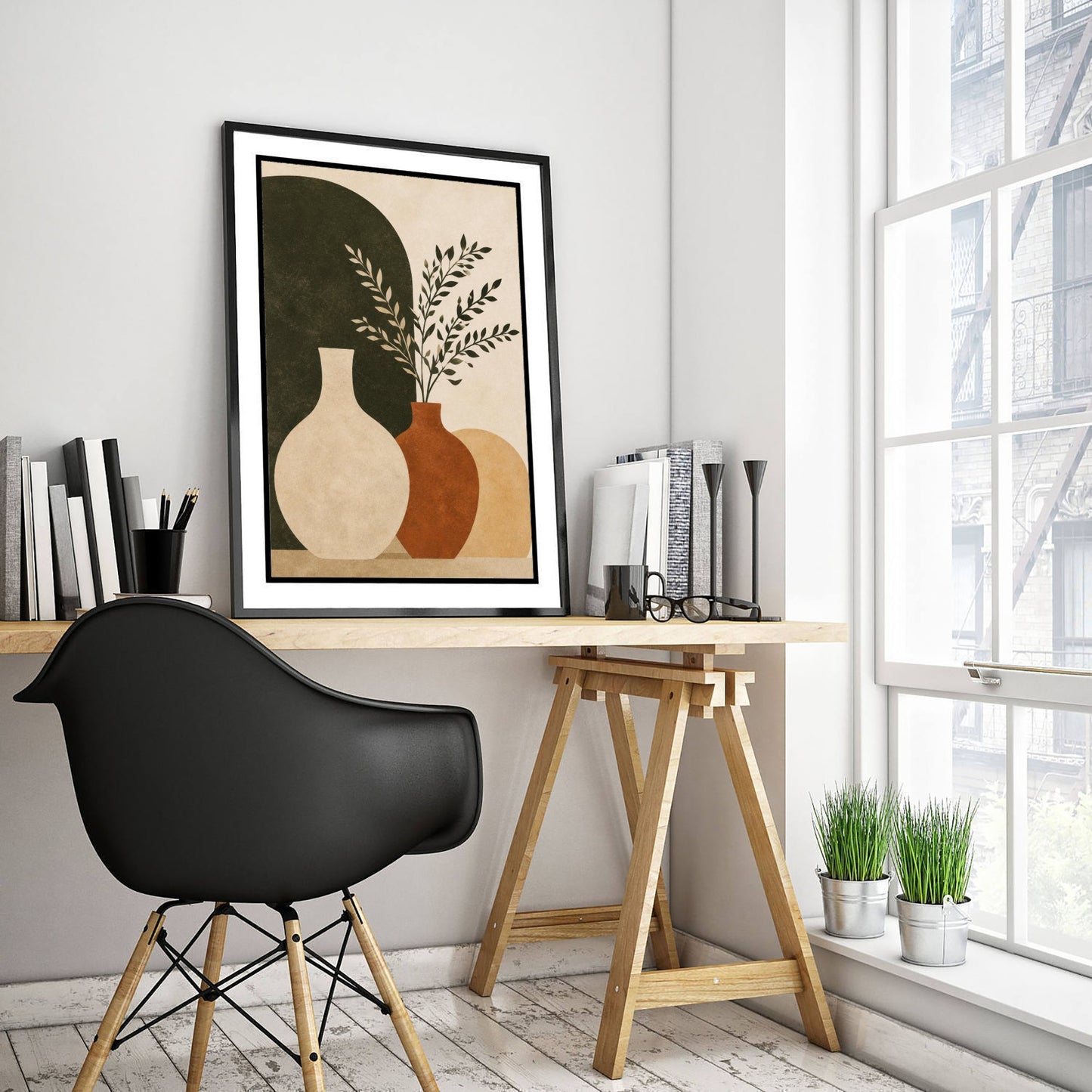 Boho Botanical Art Print - Vases & Branches Poster - Minimalist Earth Tone Illustration - Wall Decor V2 1/3