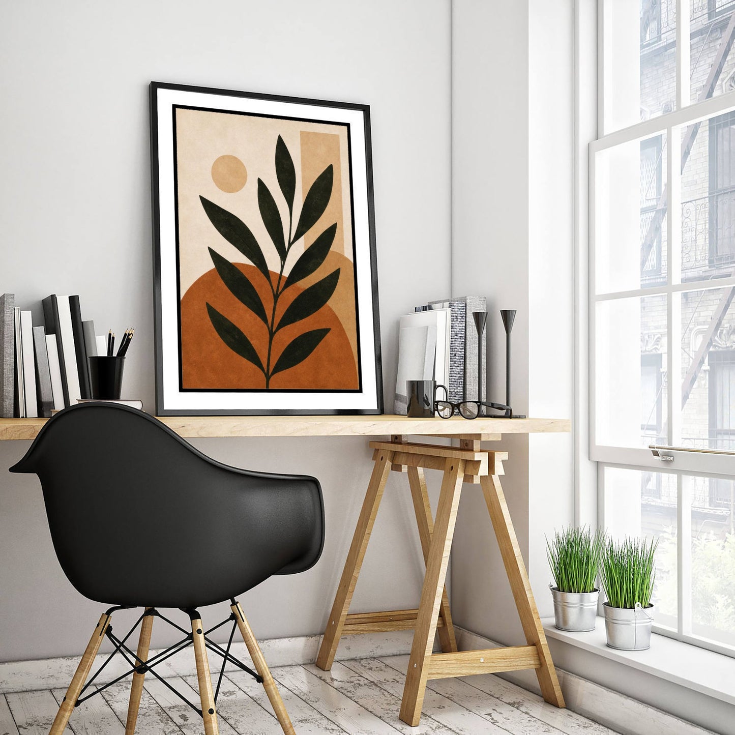 Boho Botanical Art Print - Leafy Branch & Sun Poster - Minimalist Earth Tone Illustration - Wall Decor V2 3/3