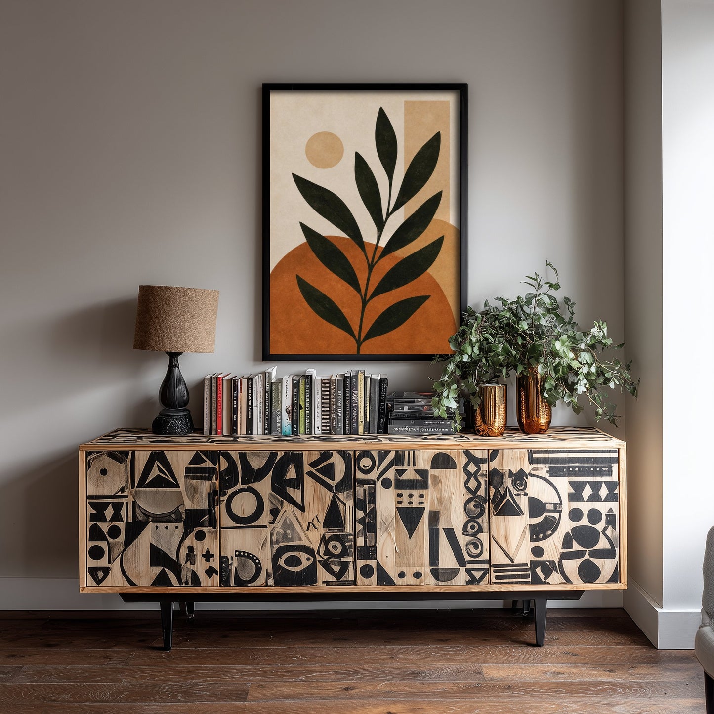 Boho Botanical Art Print - Leafy Branch & Sun Poster - Minimalist Earth Tone Illustration - Wall Decor V2 3/3