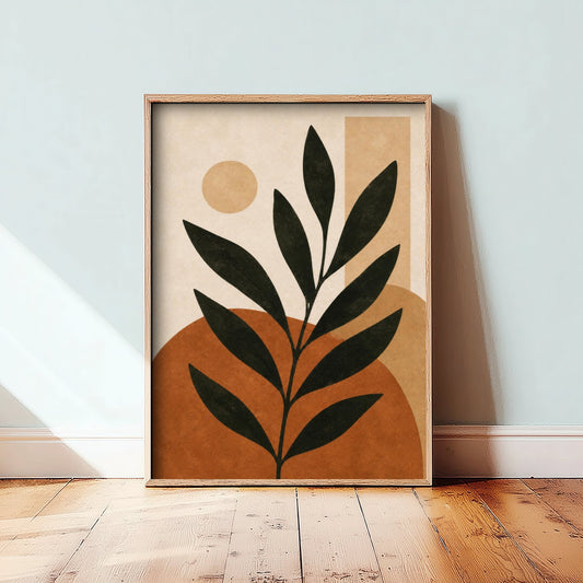 Boho Botanical Art Print - Leafy Branch & Sun Poster - Minimalist Earth Tone Illustration - Wall Decor V2 3/3