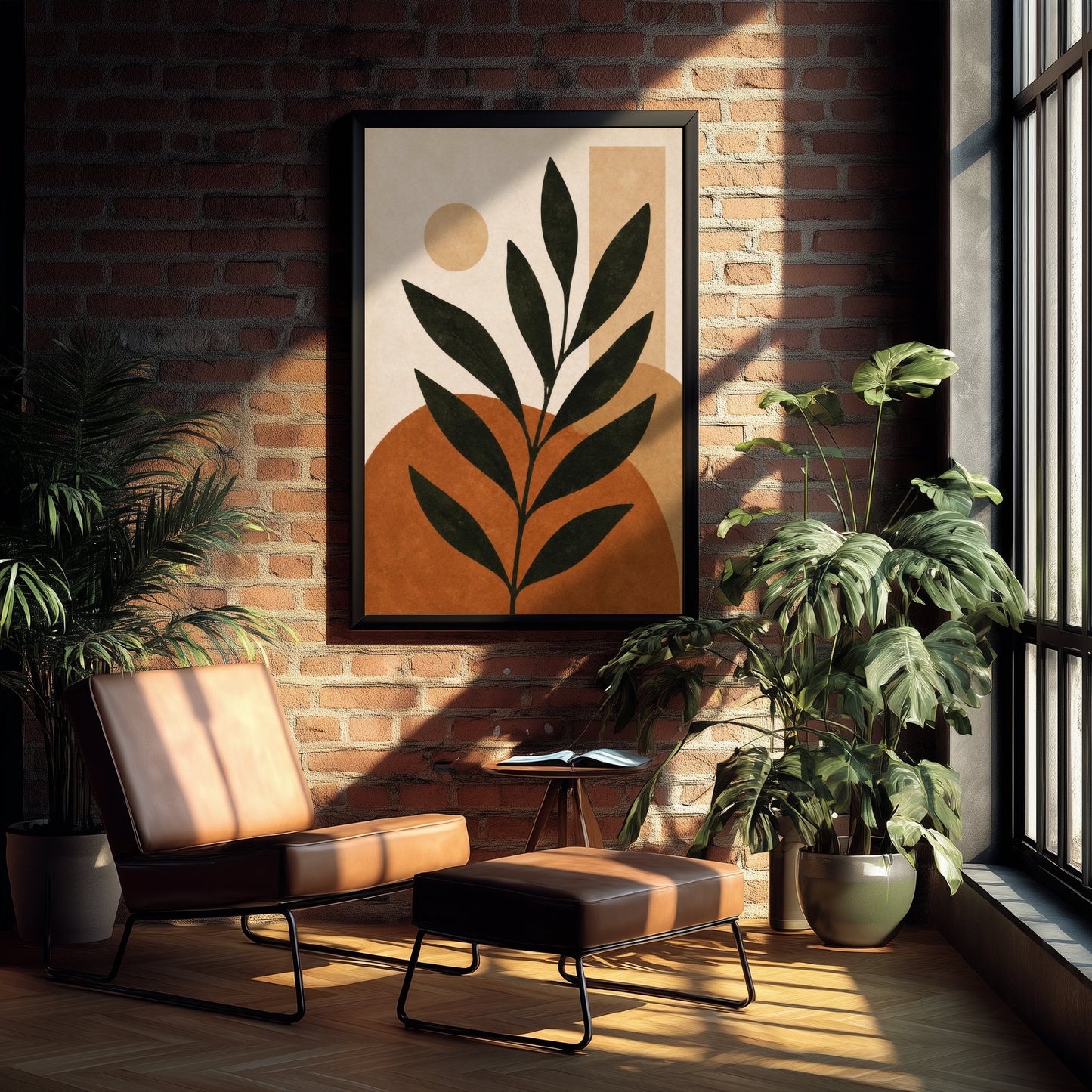 Boho Botanical Art Print - Leafy Branch & Sun Poster - Minimalist Earth Tone Illustration - Wall Decor V2 3/3