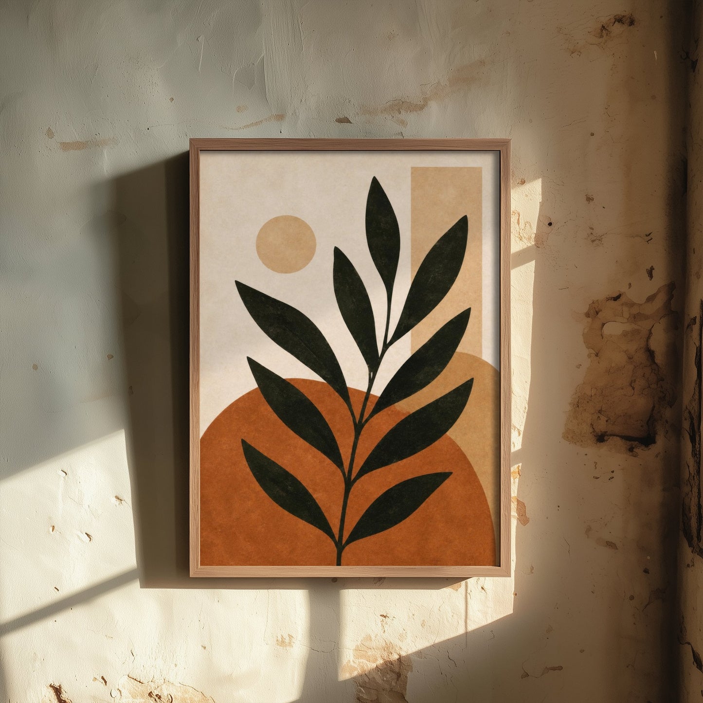 Boho Botanical Art Print - Leafy Branch & Sun Poster - Minimalist Earth Tone Illustration - Wall Decor V2 3/3