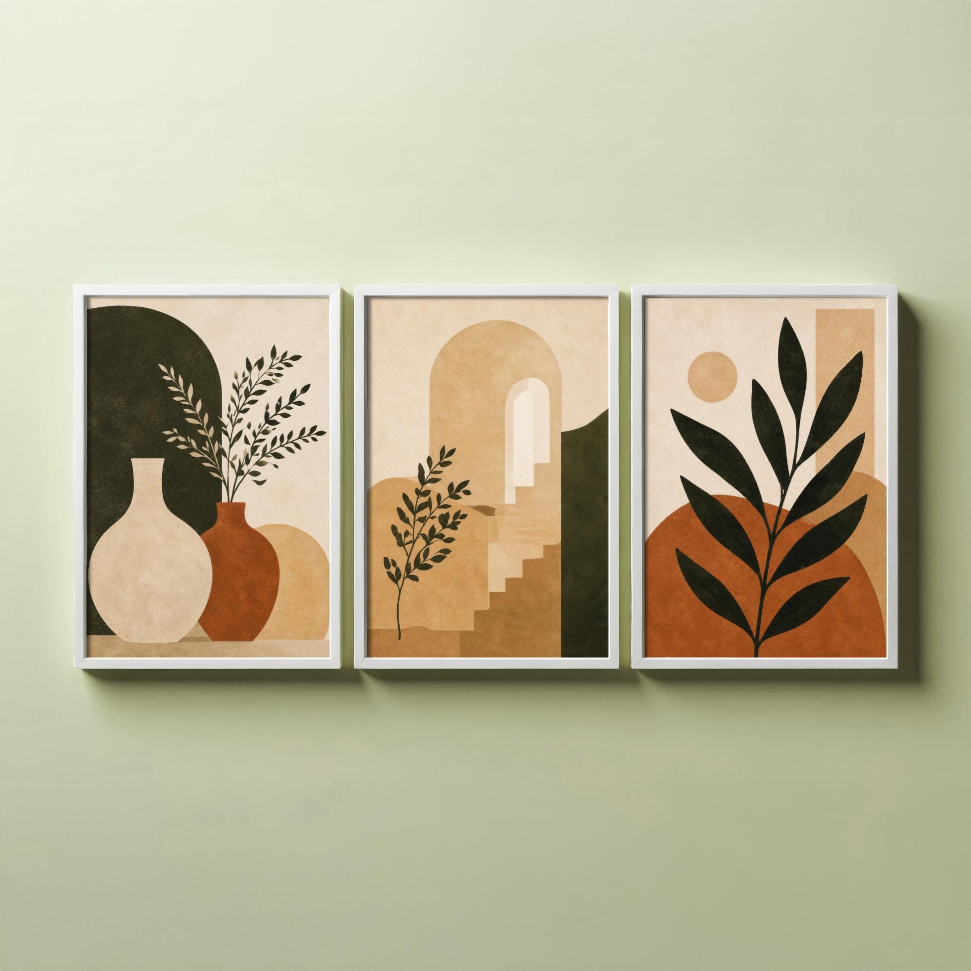 Set of Three Boho Botanical Art Print - Terracotta Arch & Vase Wall Art - Olive Plant Poster, Mediterranean Painting V2