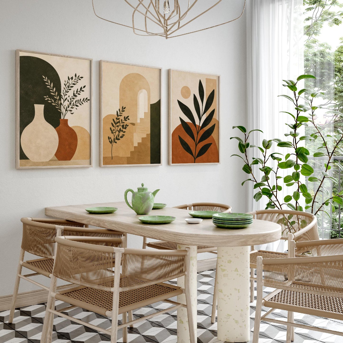 Set of Three Boho Botanical Art Print - Terracotta Arch & Vase Wall Art - Olive Plant Poster, Mediterranean Painting V2
