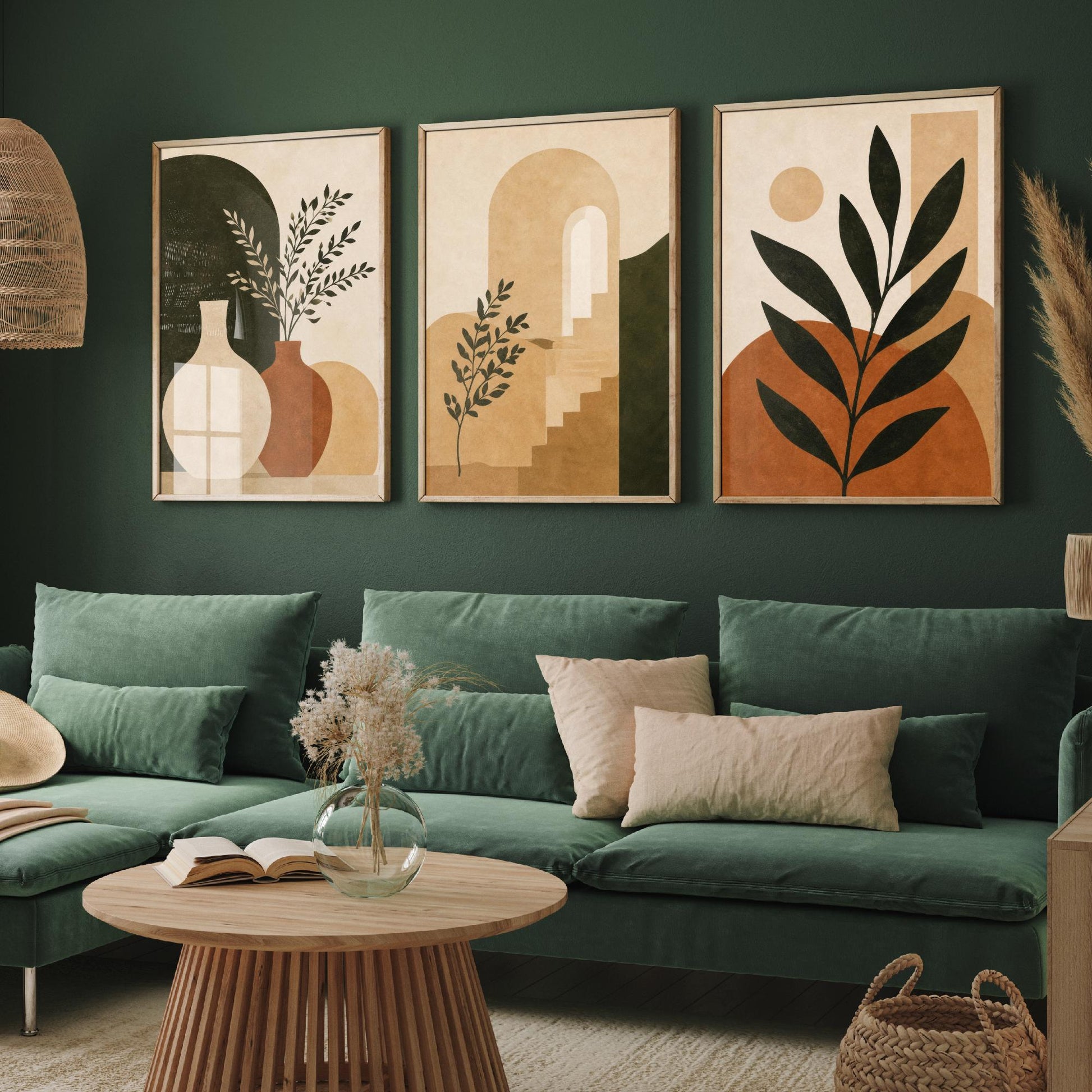 Set of Three Boho Botanical Art Print - Terracotta Arch & Vase Wall Art - Olive Plant Poster, Mediterranean Painting V2