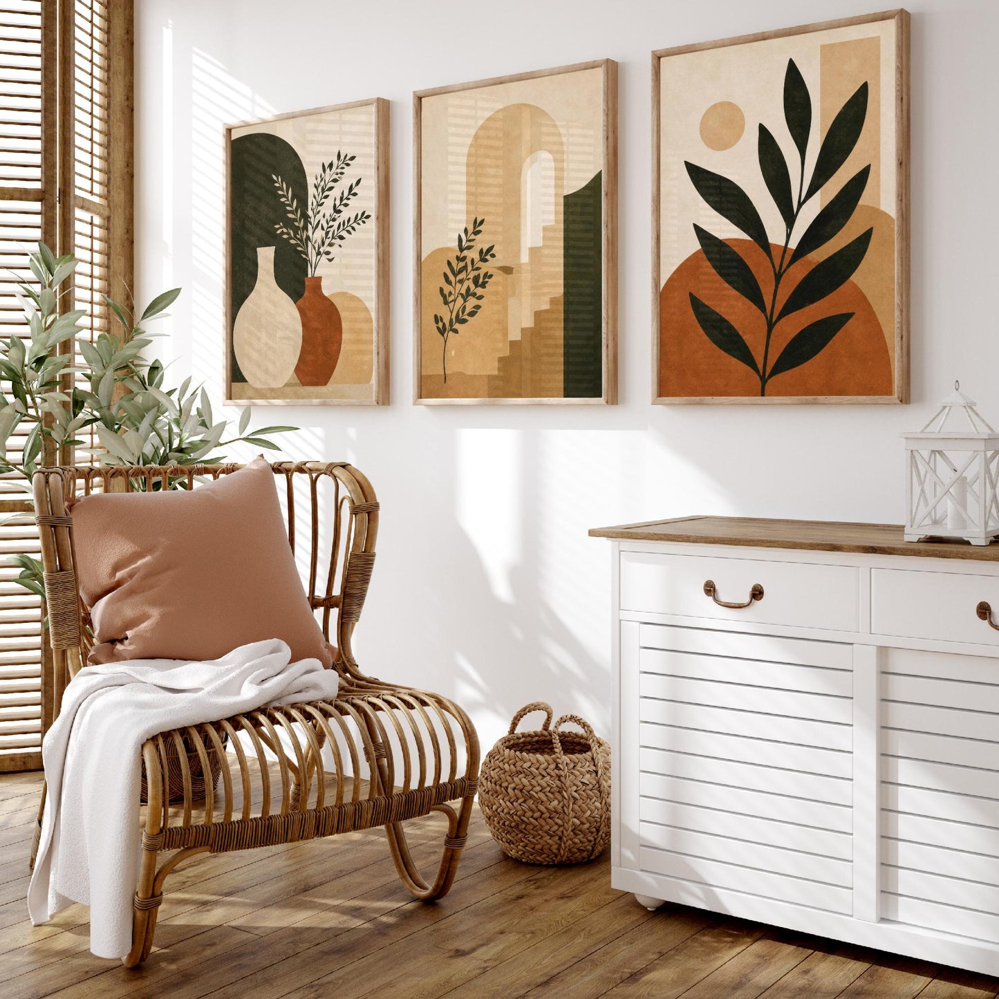Set of Three Boho Botanical Art Print - Terracotta Arch & Vase Wall Art - Olive Plant Poster, Mediterranean Painting V2