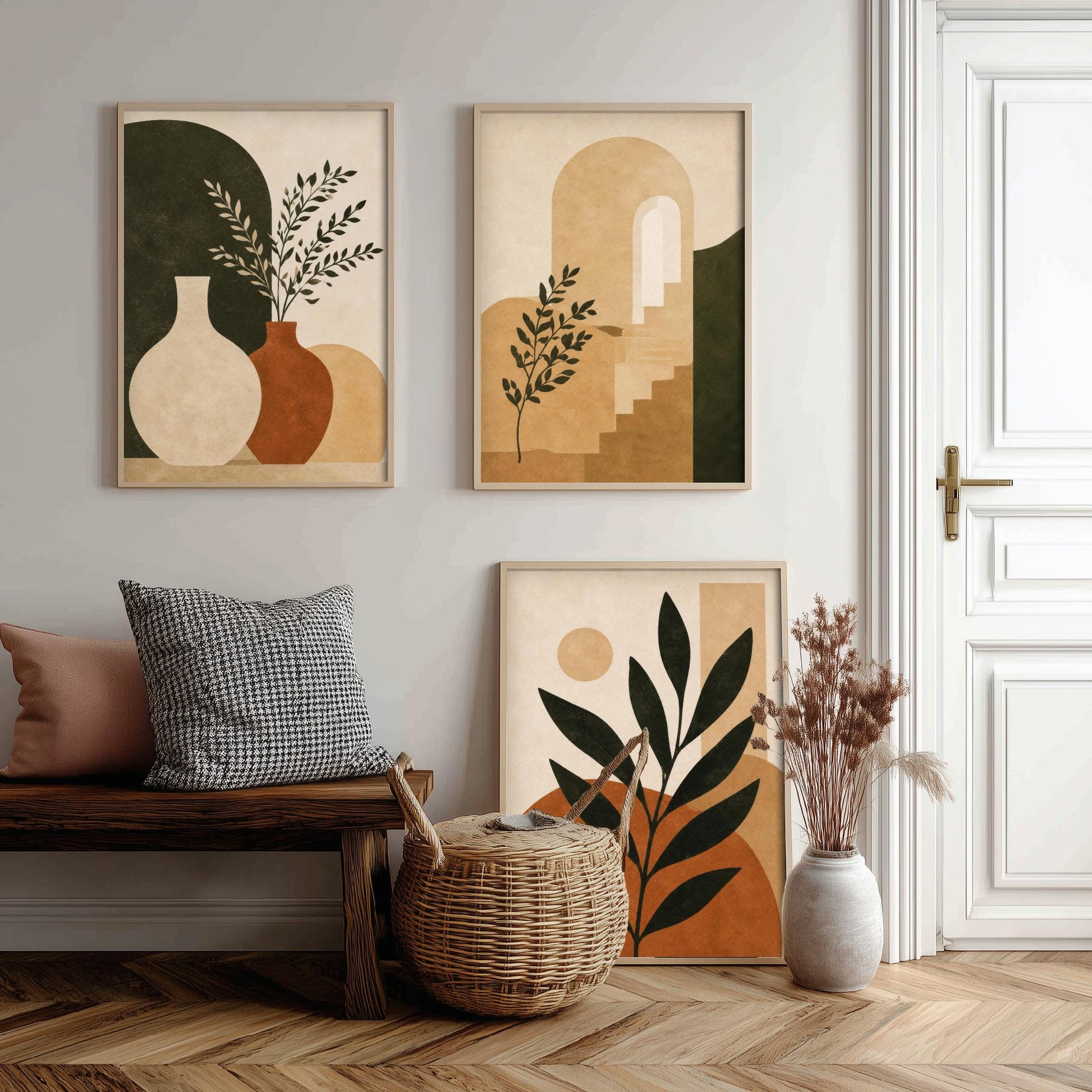 Set of Three Boho Botanical Art Print - Terracotta Arch & Vase Wall Art - Olive Plant Poster, Mediterranean Painting V2