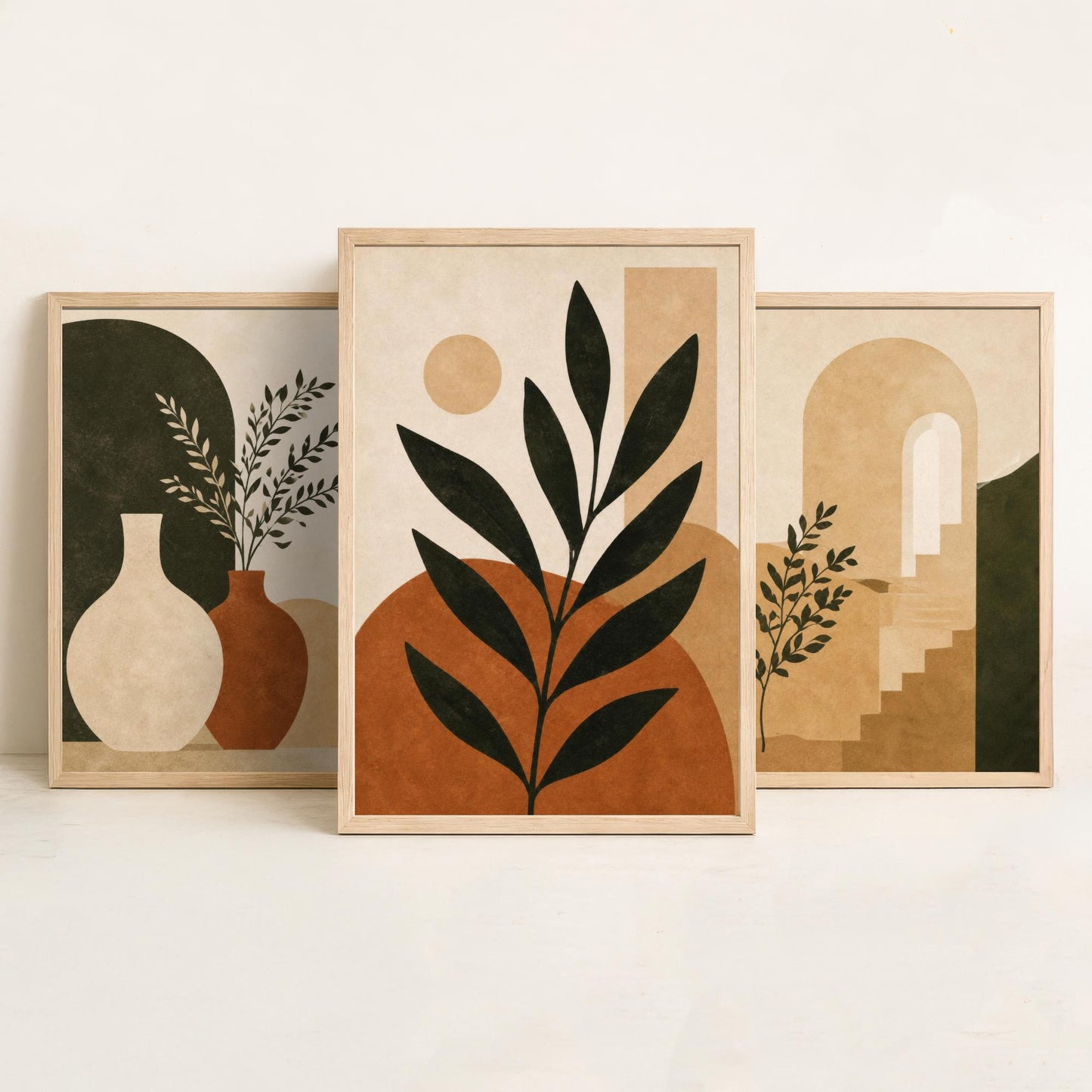 Set of Three Boho Botanical Art Print - Terracotta Arch & Vase Wall Art - Olive Plant Poster, Mediterranean Painting V2