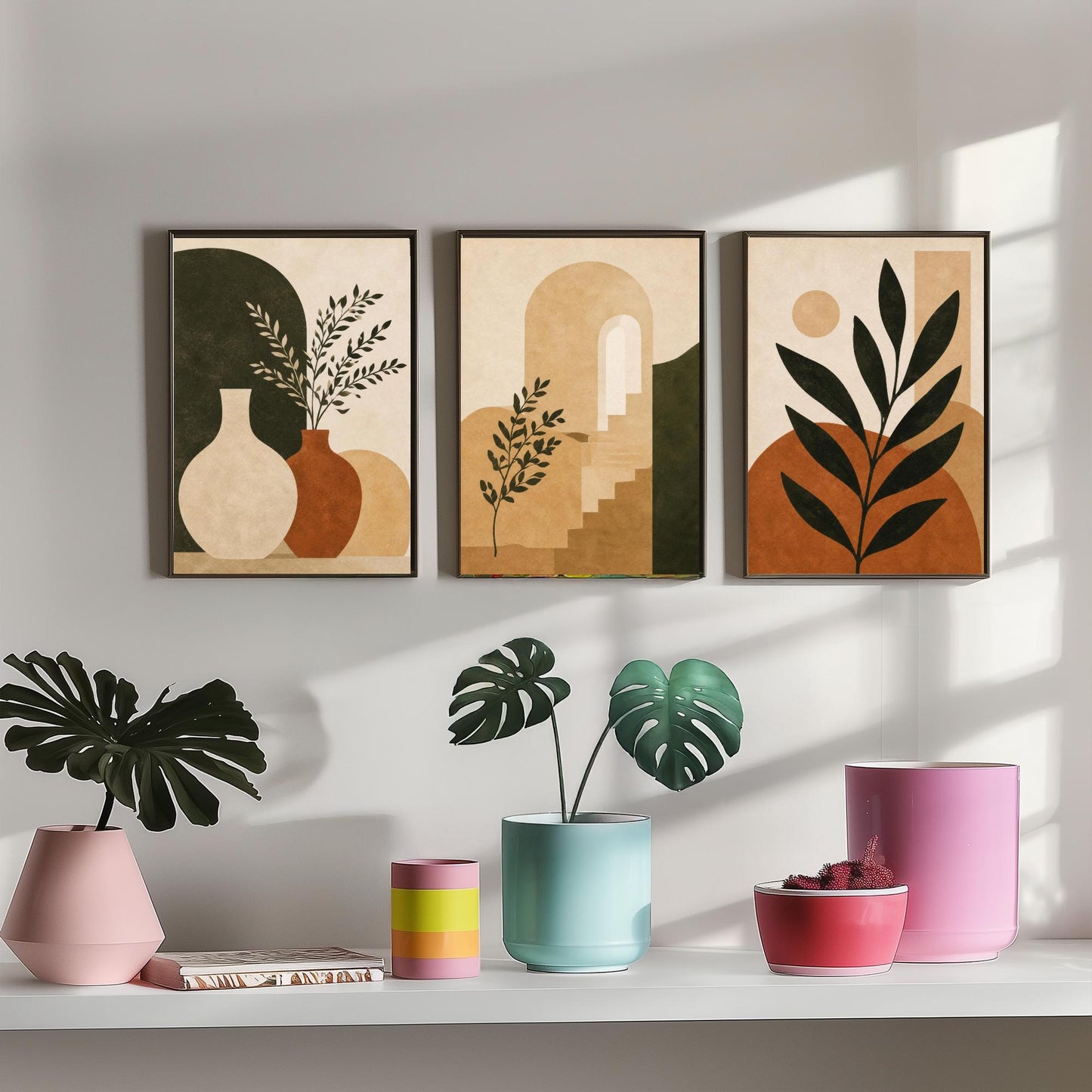 Set of Three Boho Botanical Art Print - Terracotta Arch & Vase Wall Art - Olive Plant Poster, Mediterranean Painting V2