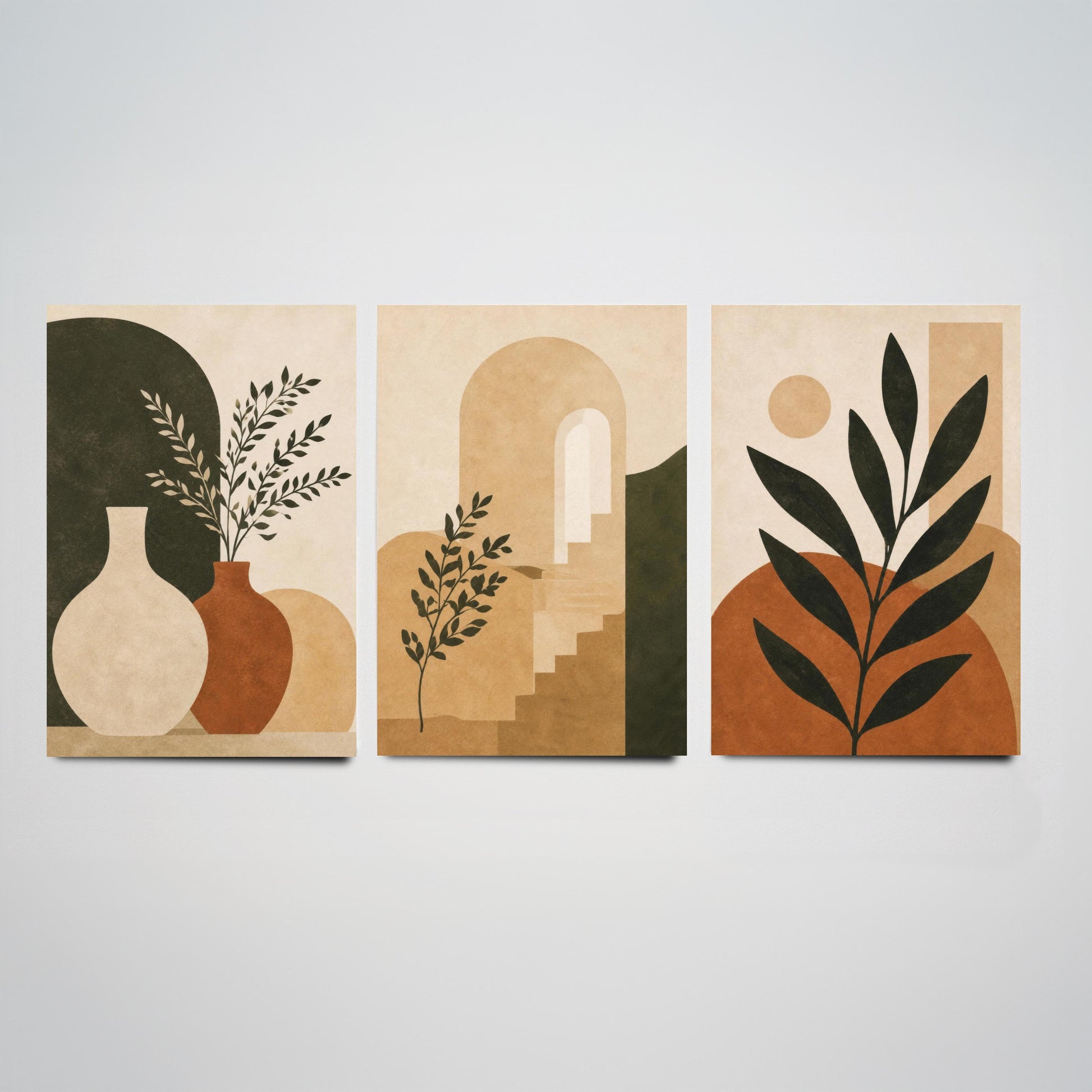 Set of Three Boho Botanical Art Print - Terracotta Arch & Vase Wall Art - Olive Plant Poster, Mediterranean Painting V2