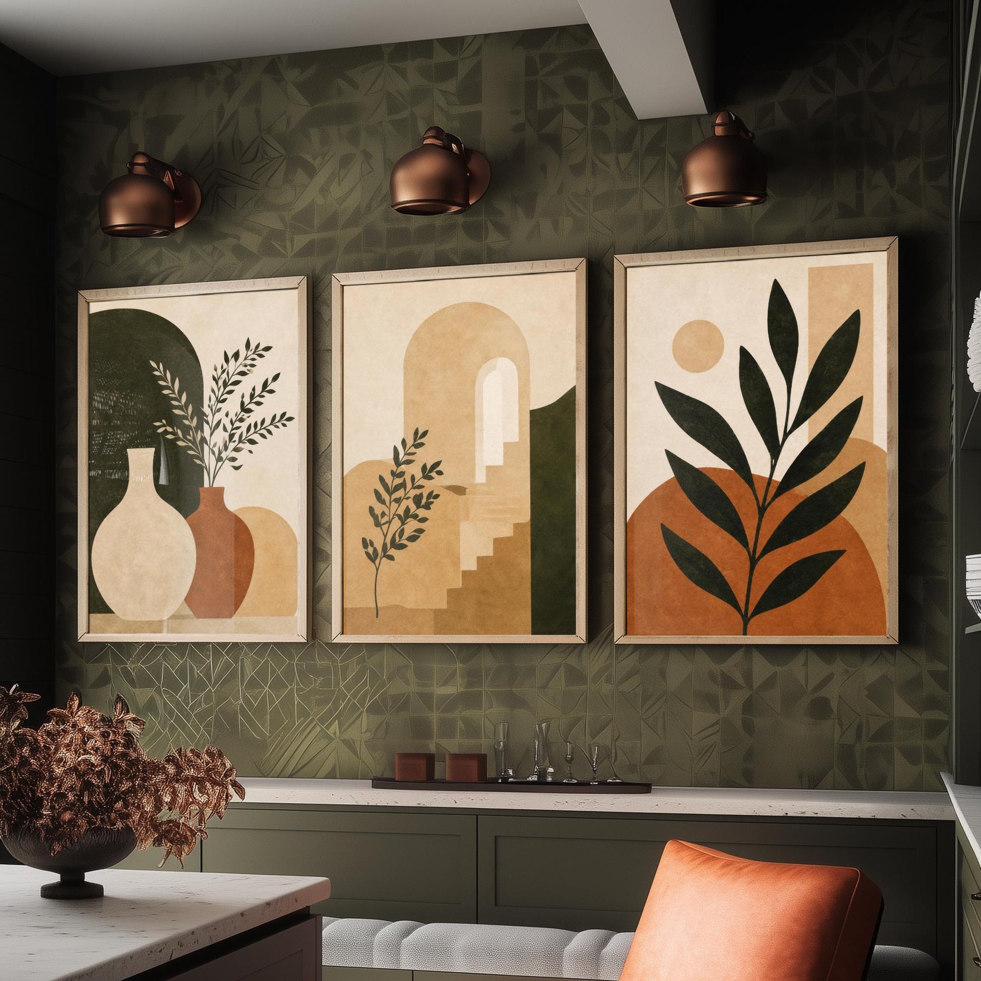 Set of Three Boho Botanical Art Print - Terracotta Arch & Vase Wall Art - Olive Plant Poster, Mediterranean Painting V2