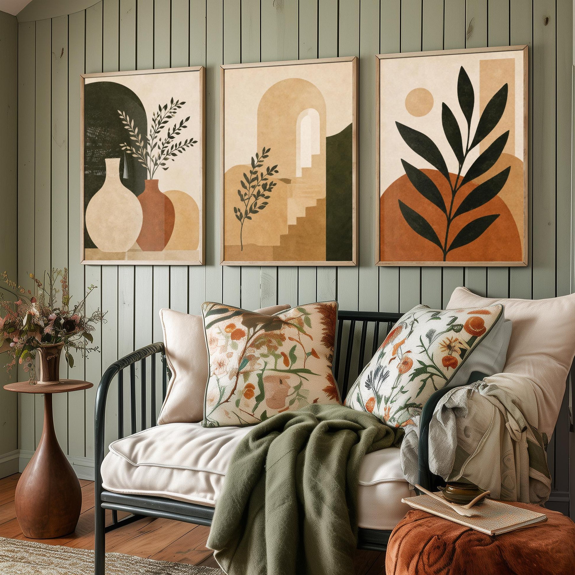 Set of Three Boho Botanical Art Print - Terracotta Arch & Vase Wall Art - Olive Plant Poster, Mediterranean Painting V2