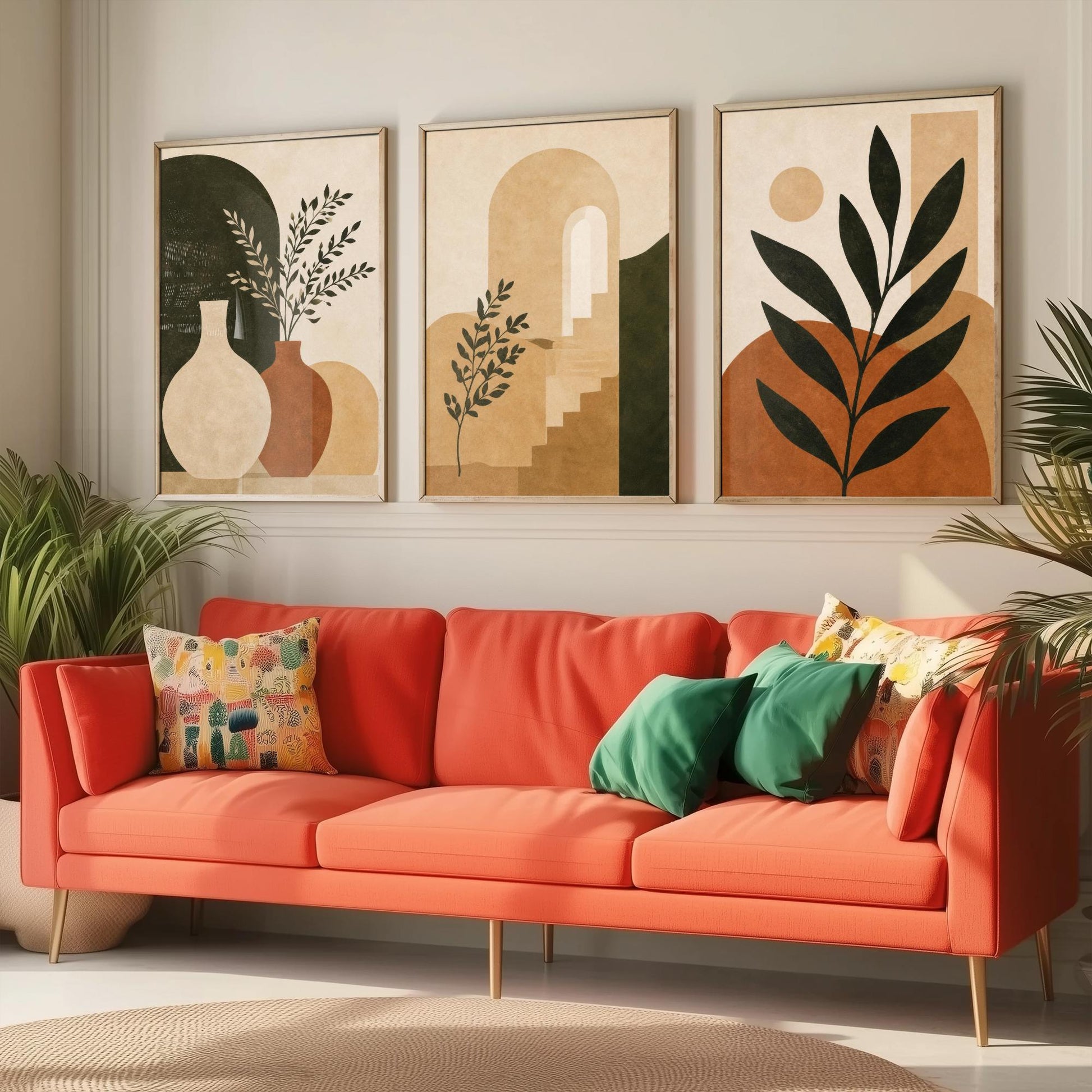 Set of Three Boho Botanical Art Print - Terracotta Arch & Vase Wall Art - Olive Plant Poster, Mediterranean Painting V2