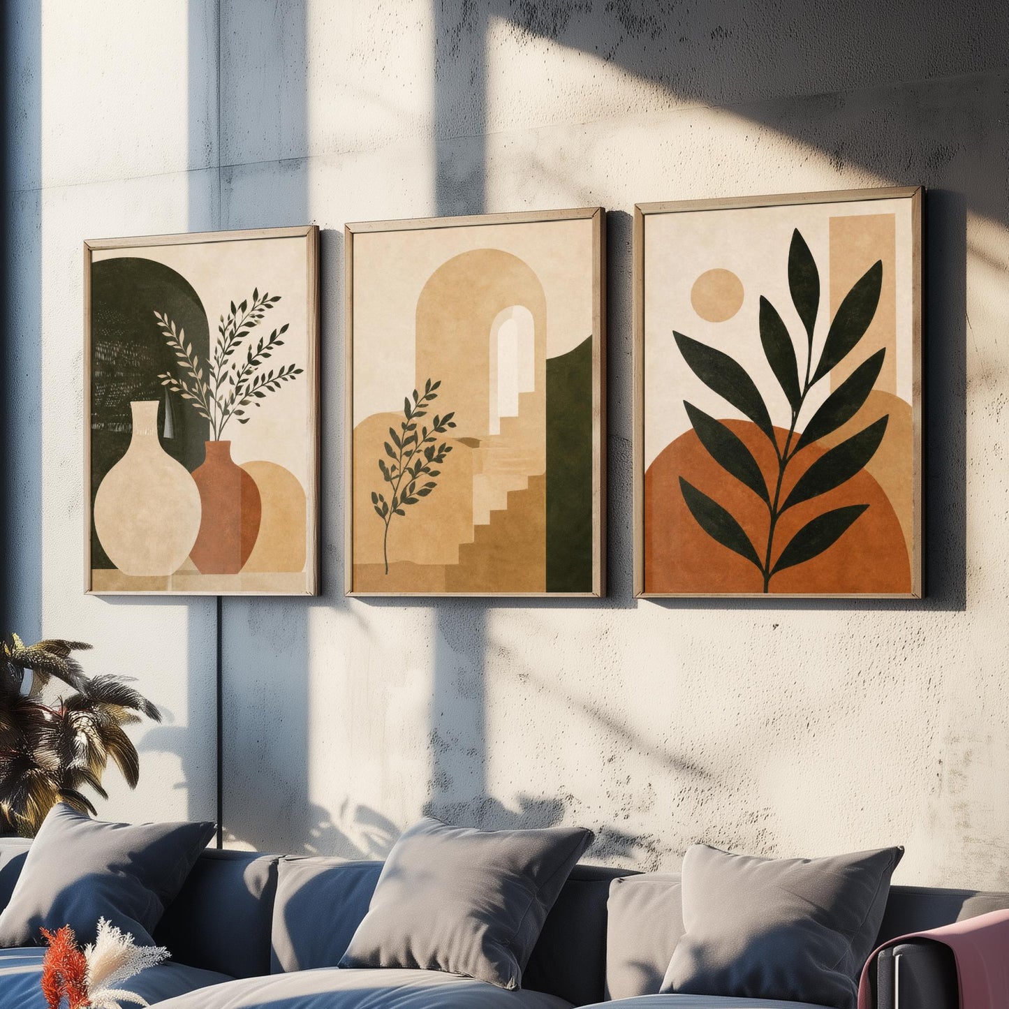 Set of Three Boho Botanical Art Print - Terracotta Arch & Vase Wall Art - Olive Plant Poster, Mediterranean Painting V2