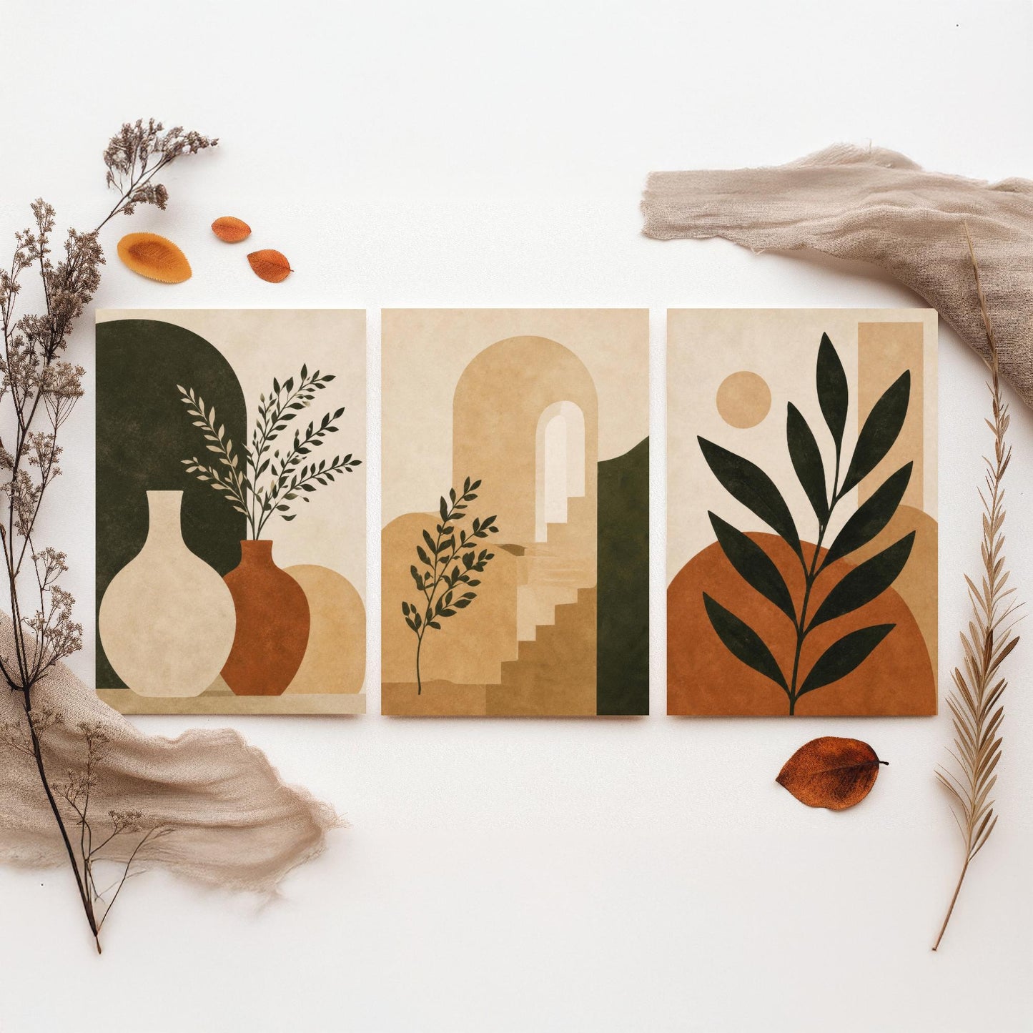 Set of Three Boho Botanical Art Print - Terracotta Arch & Vase Wall Art - Olive Plant Poster, Mediterranean Painting V2