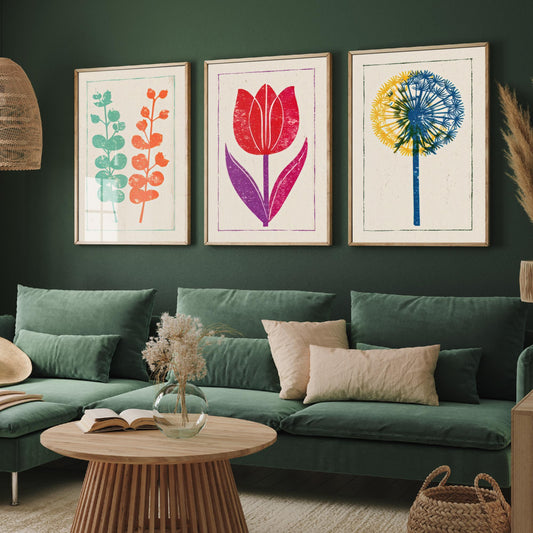 Bold Floral Linocut Set of Three Art Prints - Eucalyptus, Red Tulip, Allium - 3 Colourful Botanical Posters - Woodcut Illustration V1