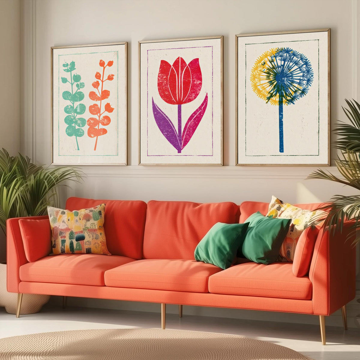 Bold Floral Linocut Set of Three Art Prints - Eucalyptus, Red Tulip, Allium - 3 Colourful Botanical Posters - Woodcut Illustration V1