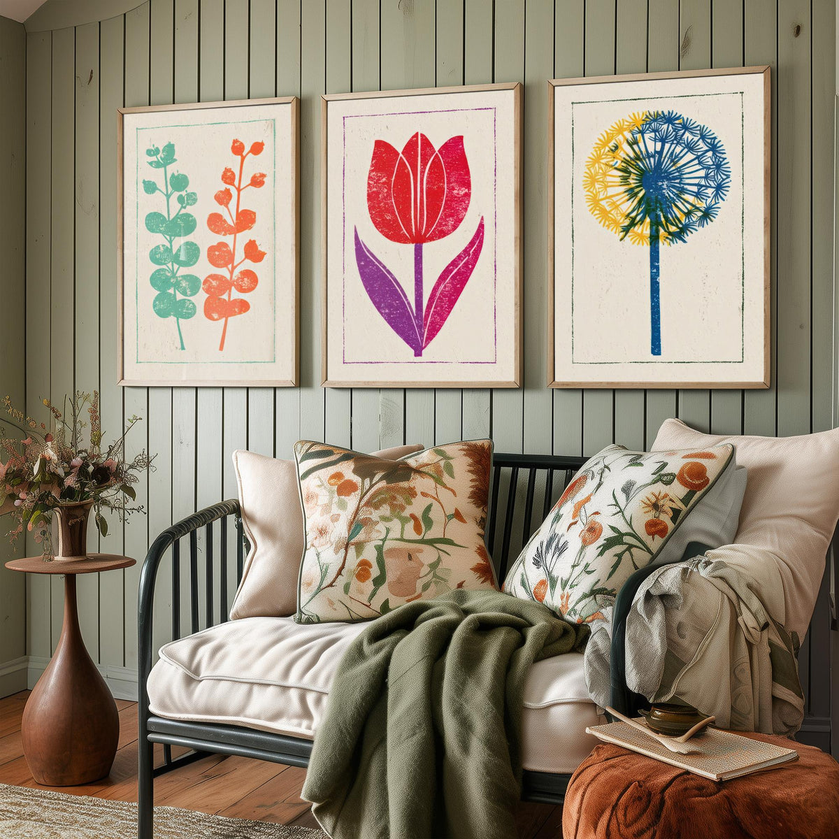 Bold Floral Linocut Set of Three Art Prints - Eucalyptus, Red Tulip, Allium - 3 Colourful Botanical Posters - Woodcut Illustration V1