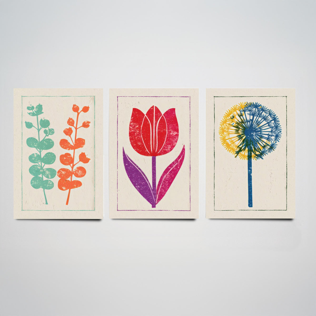 Bold Floral Linocut Set of Three Art Prints - Eucalyptus, Red Tulip, Allium - 3 Colourful Botanical Posters - Woodcut Illustration V1