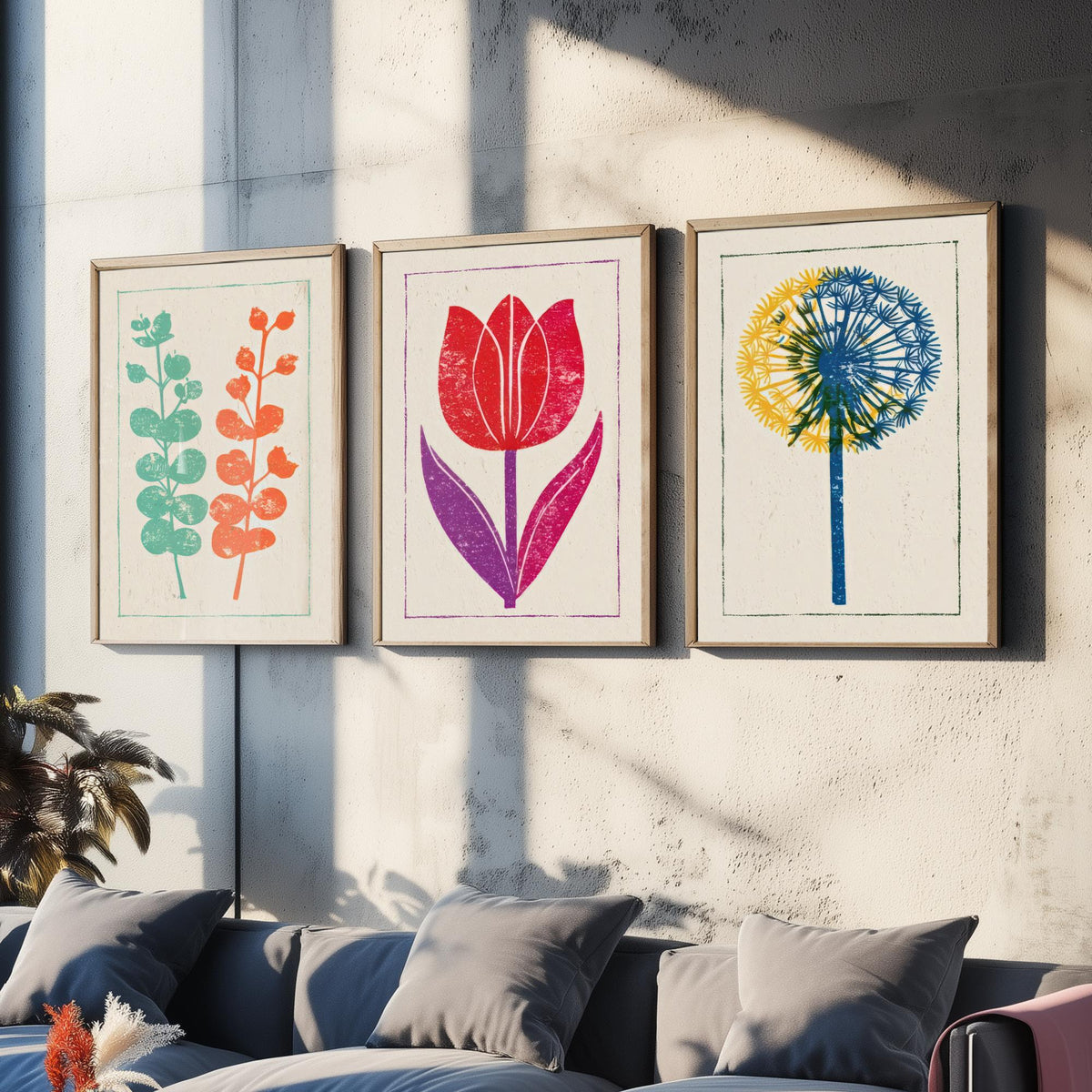 Bold Floral Linocut Set of Three Art Prints - Eucalyptus, Red Tulip, Allium - 3 Colourful Botanical Posters - Woodcut Illustration V1