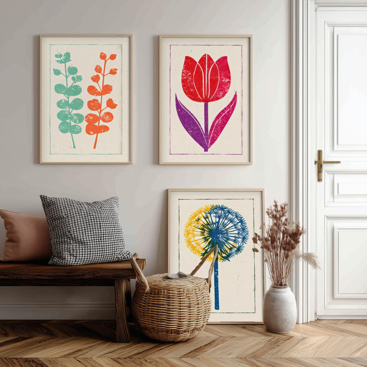 Bold Floral Linocut Set of Three Art Prints - Eucalyptus, Red Tulip, Allium - 3 Colourful Botanical Posters - Woodcut Illustration V1