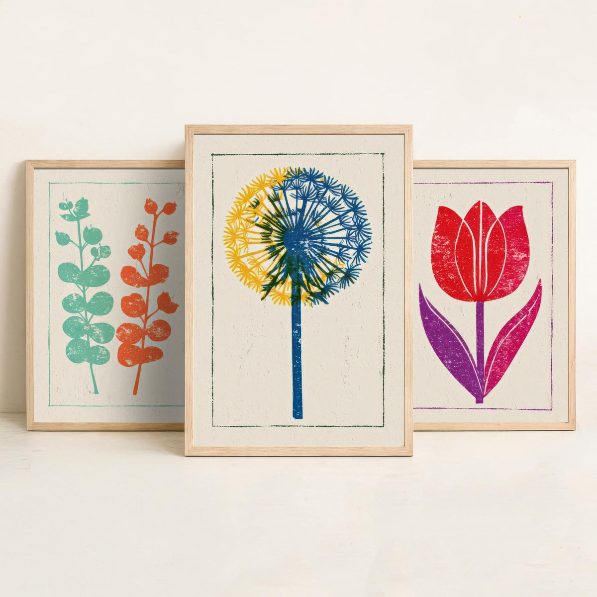 Bold Floral Linocut Set of Three Art Prints - Eucalyptus, Red Tulip, Allium - 3 Colourful Botanical Posters - Woodcut Illustration V1