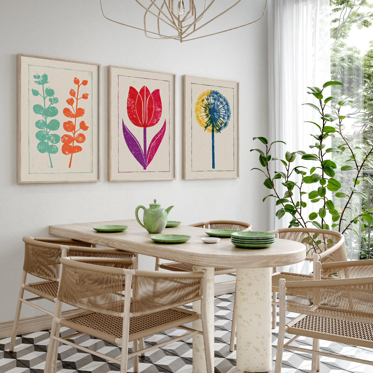 Bold Floral Linocut Set of Three Art Prints - Eucalyptus, Red Tulip, Allium - 3 Colourful Botanical Posters - Woodcut Illustration V1