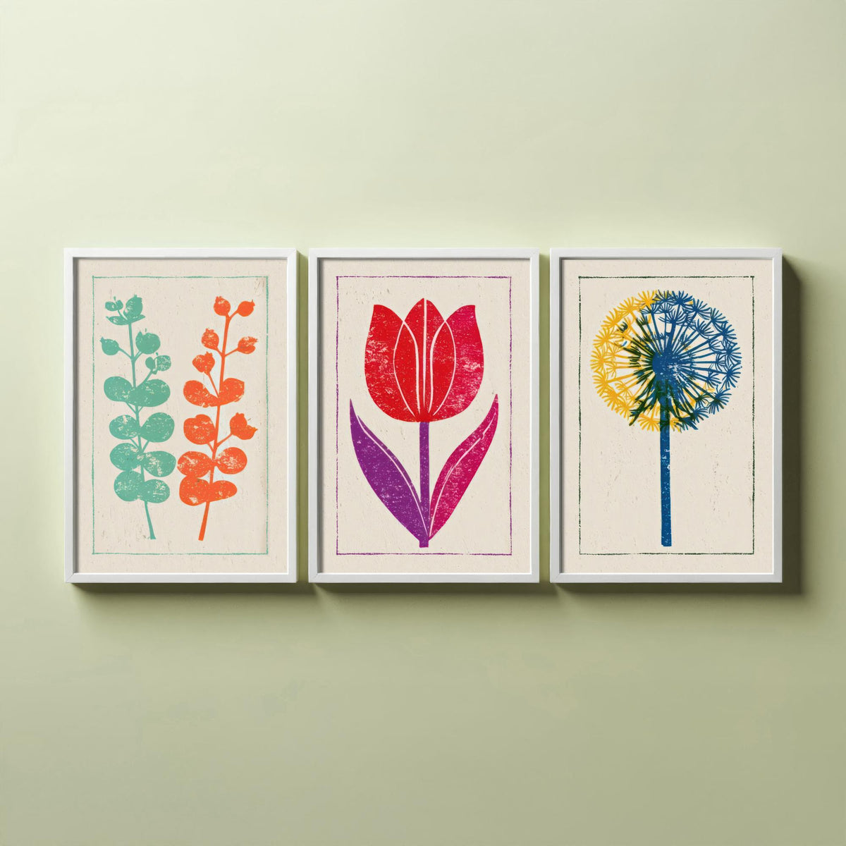 Bold Floral Linocut Set of Three Art Prints - Eucalyptus, Red Tulip, Allium - 3 Colourful Botanical Posters - Woodcut Illustration V1
