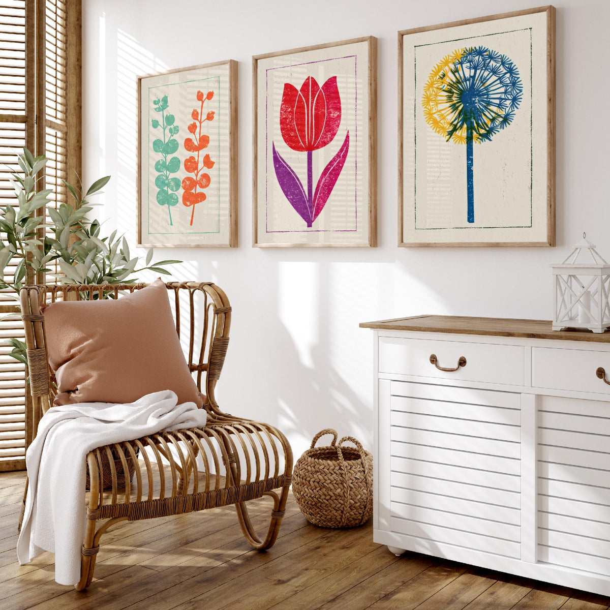 Bold Floral Linocut Set of Three Art Prints - Eucalyptus, Red Tulip, Allium - 3 Colourful Botanical Posters - Woodcut Illustration V1