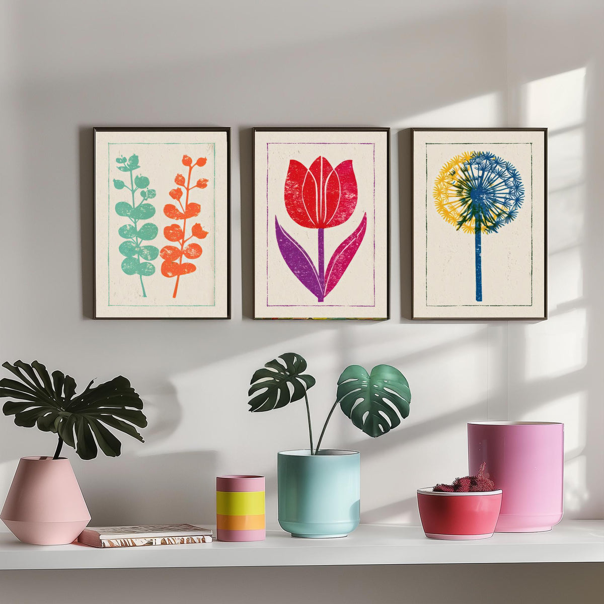 Bold Floral Linocut Set of Three Art Prints - Eucalyptus, Red Tulip, Allium - 3 Colourful Botanical Posters - Woodcut Illustration V1