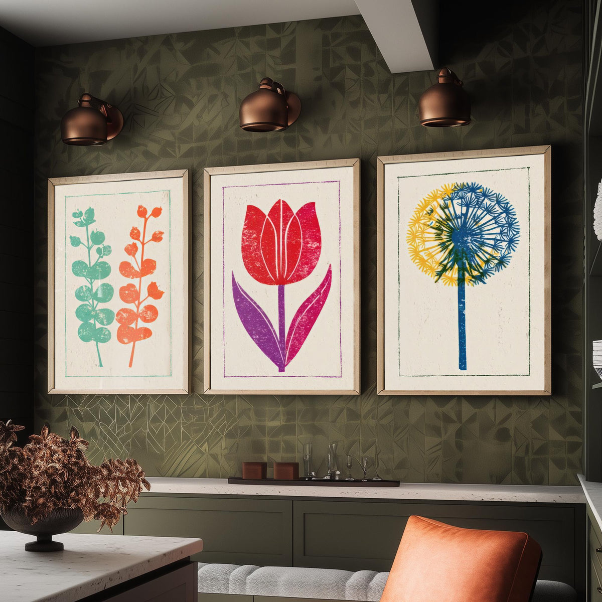 Bold Floral Linocut Set of Three Art Prints - Eucalyptus, Red Tulip, Allium - 3 Colourful Botanical Posters - Woodcut Illustration V1