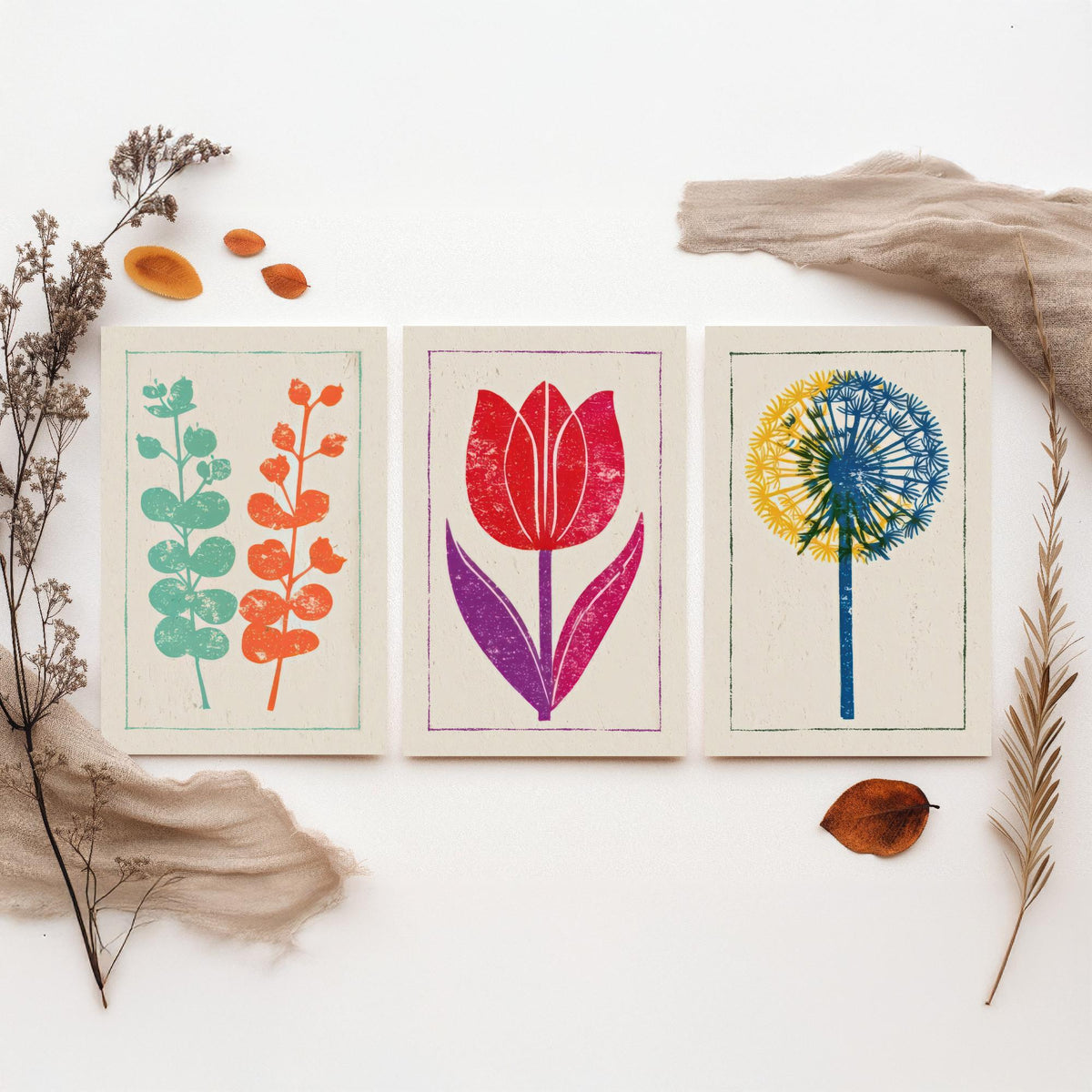 Bold Floral Linocut Set of Three Art Prints - Eucalyptus, Red Tulip, Allium - 3 Colourful Botanical Posters - Woodcut Illustration V1
