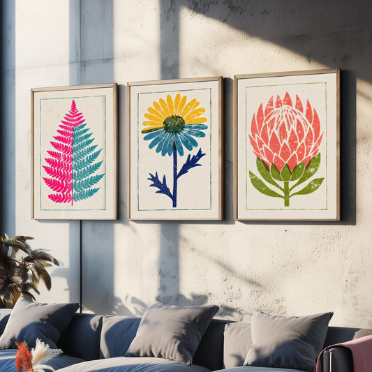 Bold Floral Linocut Set of Three Art Prints - Pink Fern, Blue Daisy, Coral Protea - 3 Bright Flower Posters - Woodcut Illustration V1