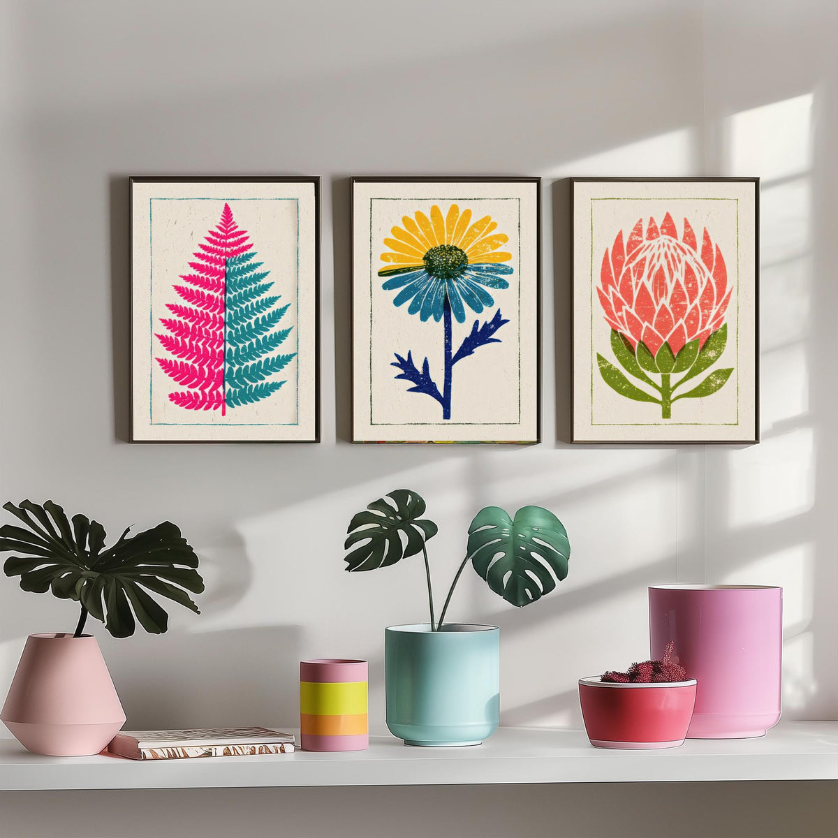 Bold Floral Linocut Set of Three Art Prints - Pink Fern, Blue Daisy, Coral Protea - 3 Bright Flower Posters - Woodcut Illustration V1