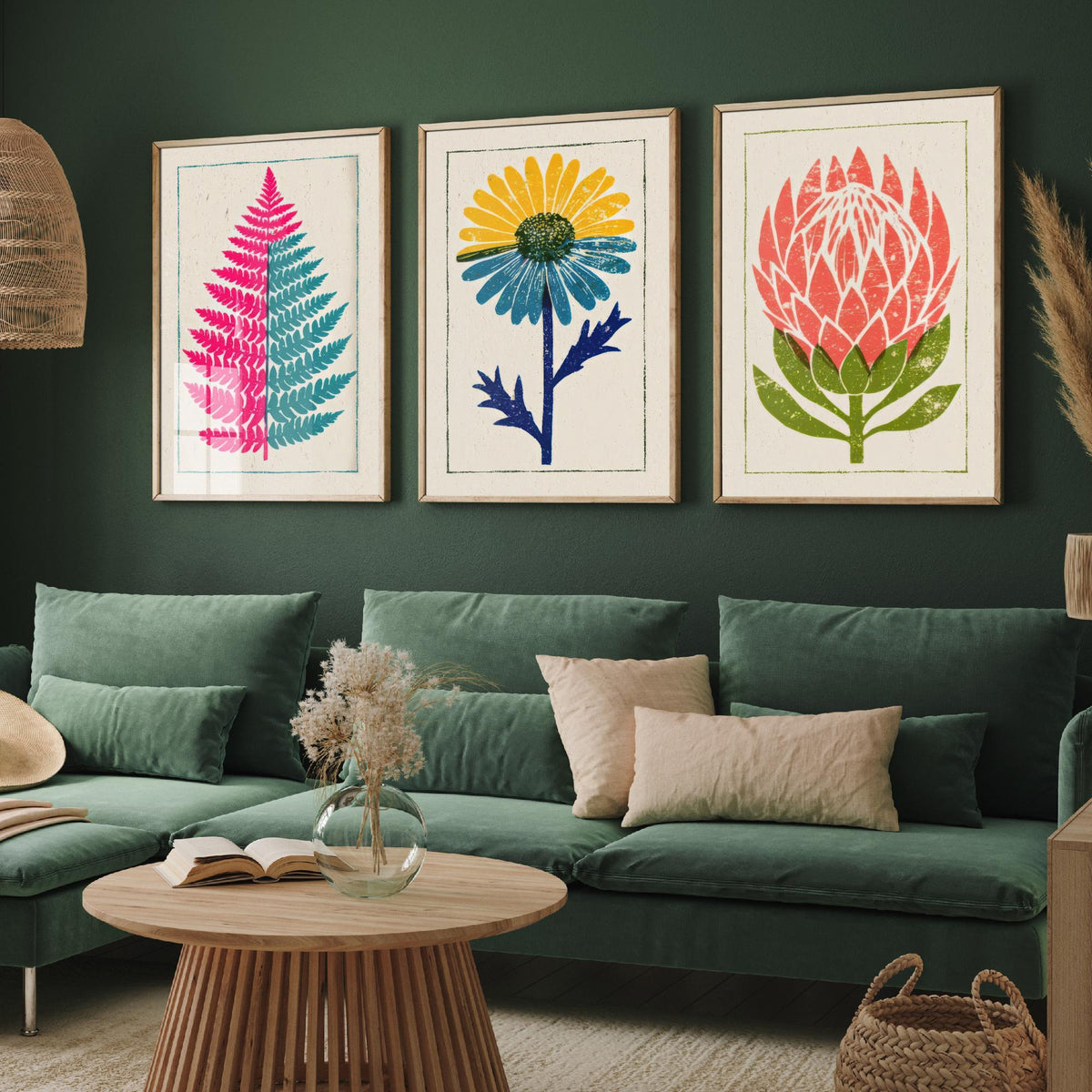 Bold Floral Linocut Set of Three Art Prints - Pink Fern, Blue Daisy, Coral Protea - 3 Bright Flower Posters - Woodcut Illustration V1
