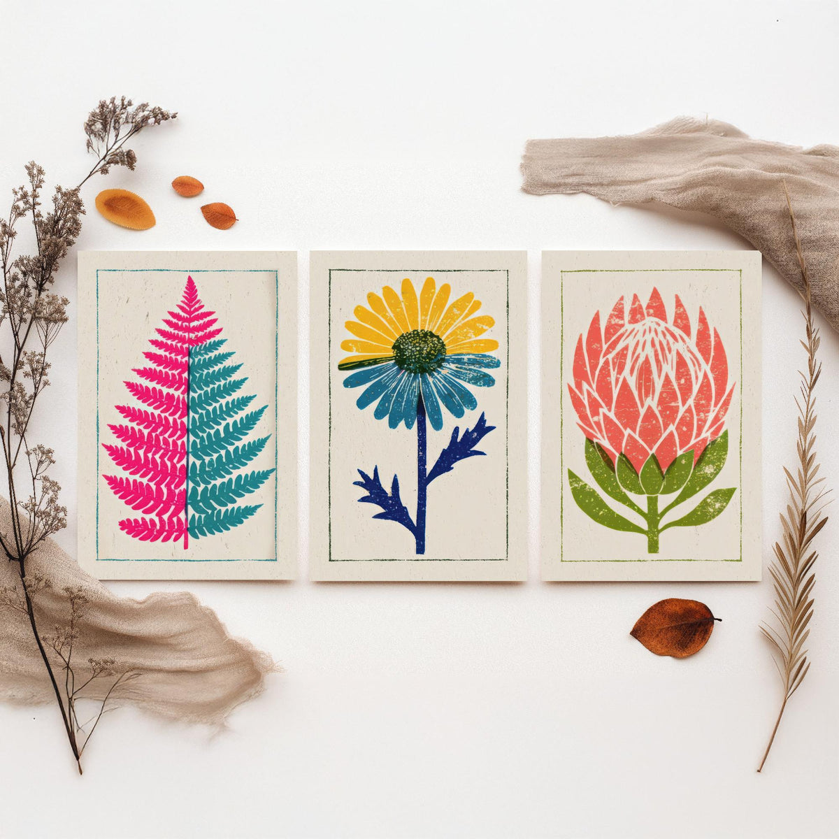Bold Floral Linocut Set of Three Art Prints - Pink Fern, Blue Daisy, Coral Protea - 3 Bright Flower Posters - Woodcut Illustration V1