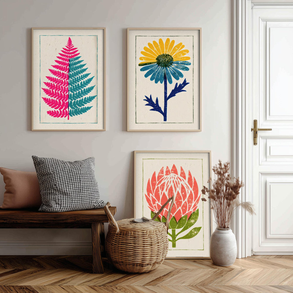 Bold Floral Linocut Set of Three Art Prints - Pink Fern, Blue Daisy, Coral Protea - 3 Bright Flower Posters - Woodcut Illustration V1