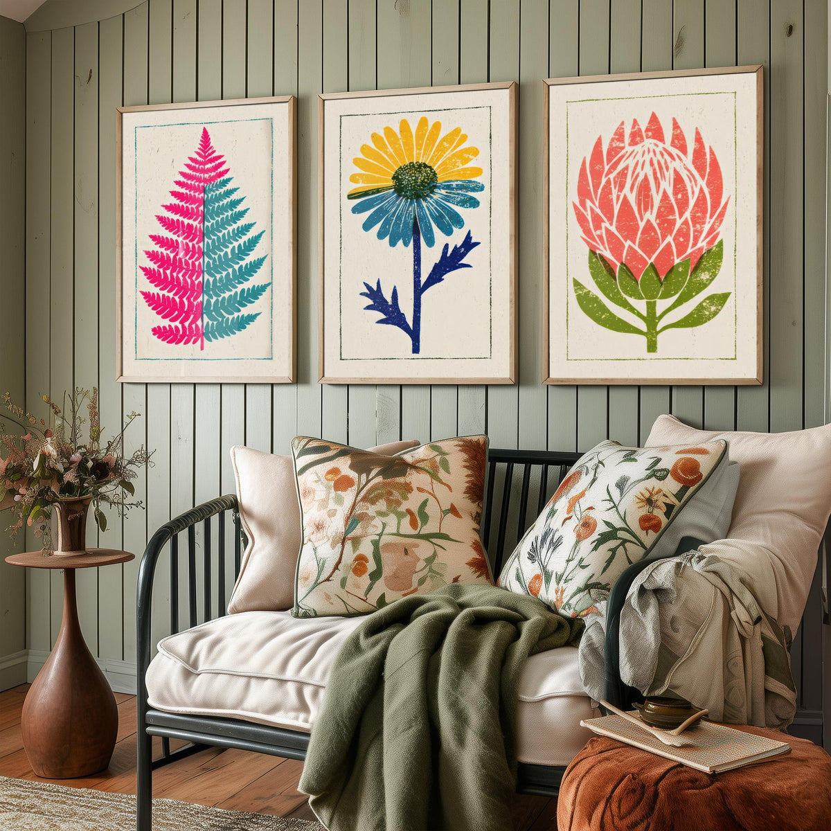 Bold Floral Linocut Set of Three Art Prints - Pink Fern, Blue Daisy, Coral Protea - 3 Bright Flower Posters - Woodcut Illustration V1