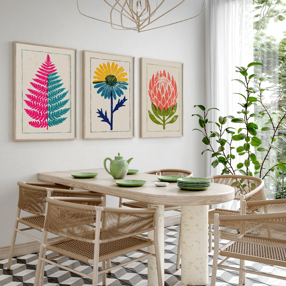 Bold Floral Linocut Set of Three Art Prints - Pink Fern, Blue Daisy, Coral Protea - 3 Bright Flower Posters - Woodcut Illustration V1